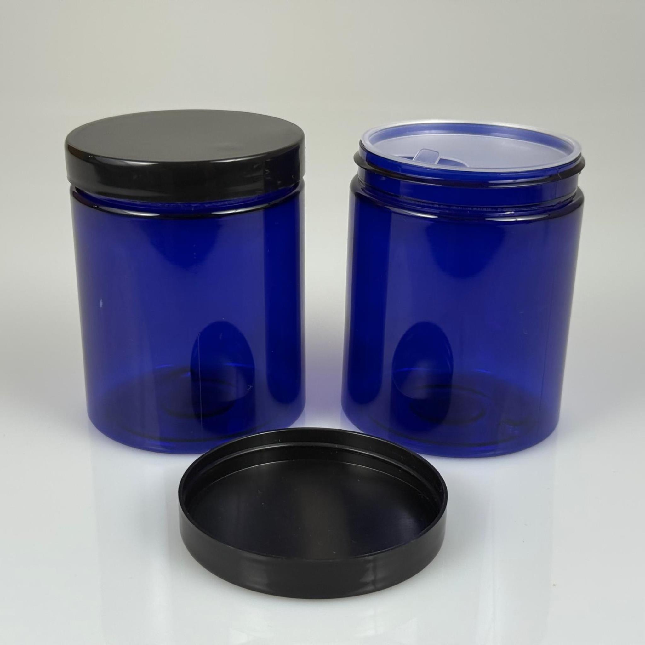 300 ML SERT PET KAVANOZ + SİYAH PLASTİK KAPAK + İÇ TIPA - 300 CC KALIN MAVİ PLASTİK KAVANOZ SİYAH PLASTİK KAPAKLI İÇ TIPALI TAKIM - KREM KAVANOZLARI