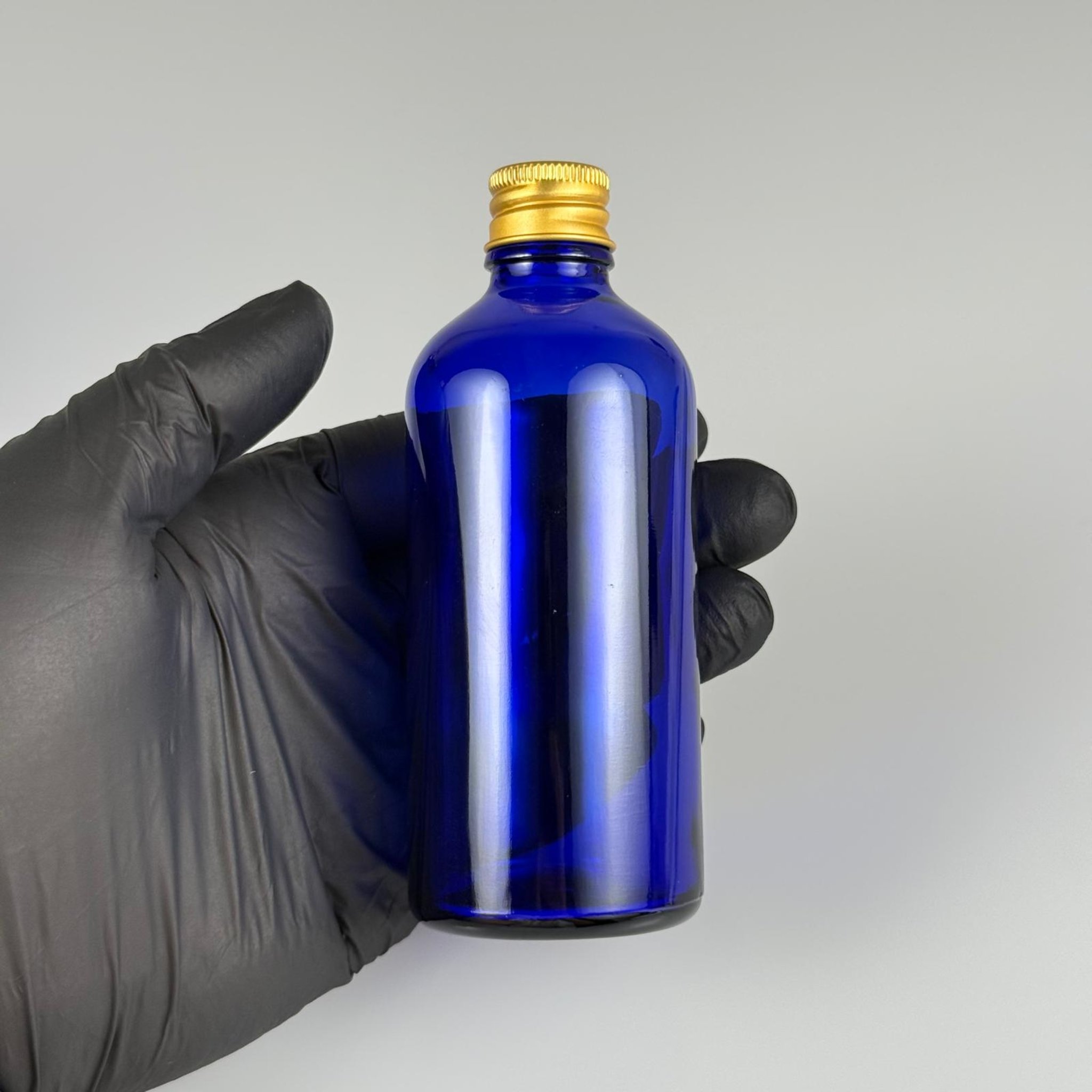 100 CC MAVİ CAM ŞİŞE + KÖPÜK CONTALI GOLD ALÜMİNYUM METAL KAPAKLI TAKIM - 100 ML MAVİ CAM ŞİŞE