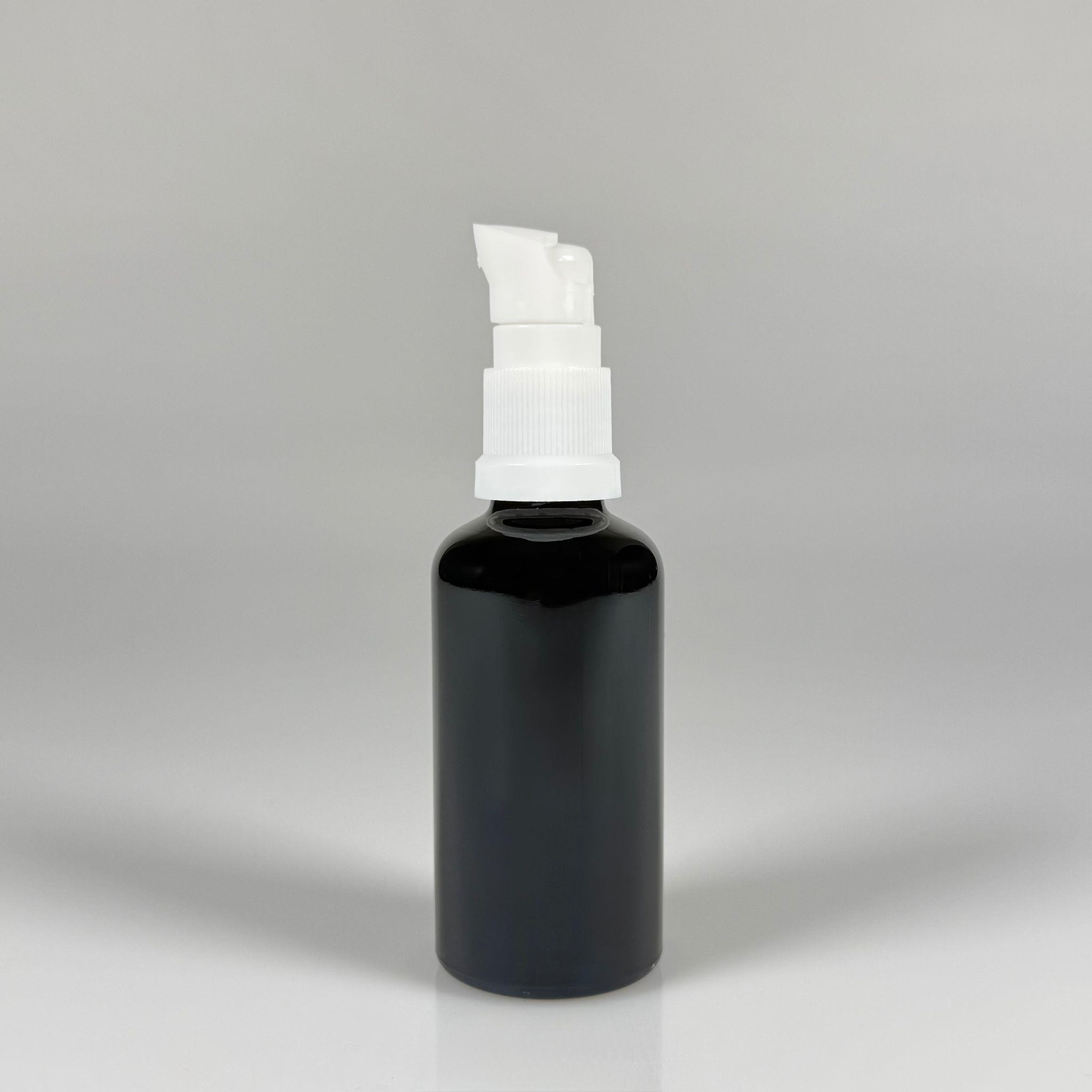 50 CC SİYAH CAM ŞİŞE - SIZDIRMAZ ETEKLİ BEYAZ LOSYON POMPALI TAKIM - 50 ML LOSYON ŞİŞESİ - YAĞ, KREM GİBİ YOĞUN KIVAMLI SIVILAR İÇİN CAM AMBALAJ