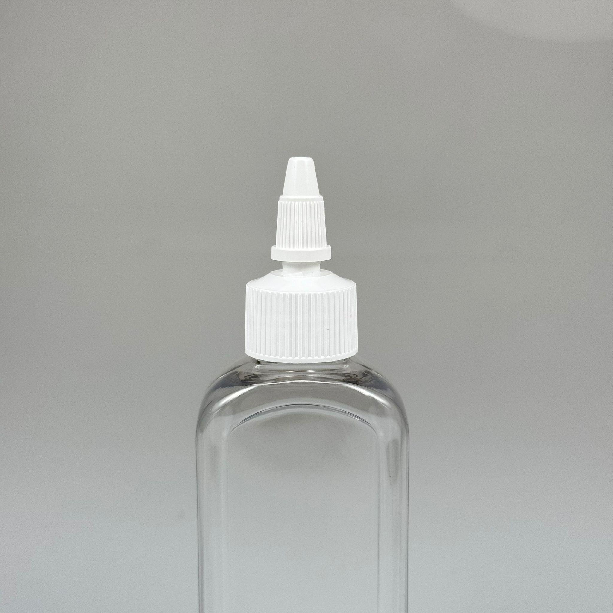 YAĞ, SOS, ACI SOS, SİRKE, SRIRACHA, MÜREKKEP, TUTKAL AKITICI VB BOŞ ŞİŞELERİ - BEYAZ SİVRİ TWİST AKITICI KAPAK + 140 ML YASSI KÖŞELİ SERT PET PLASTİK ŞİŞE TAKIM