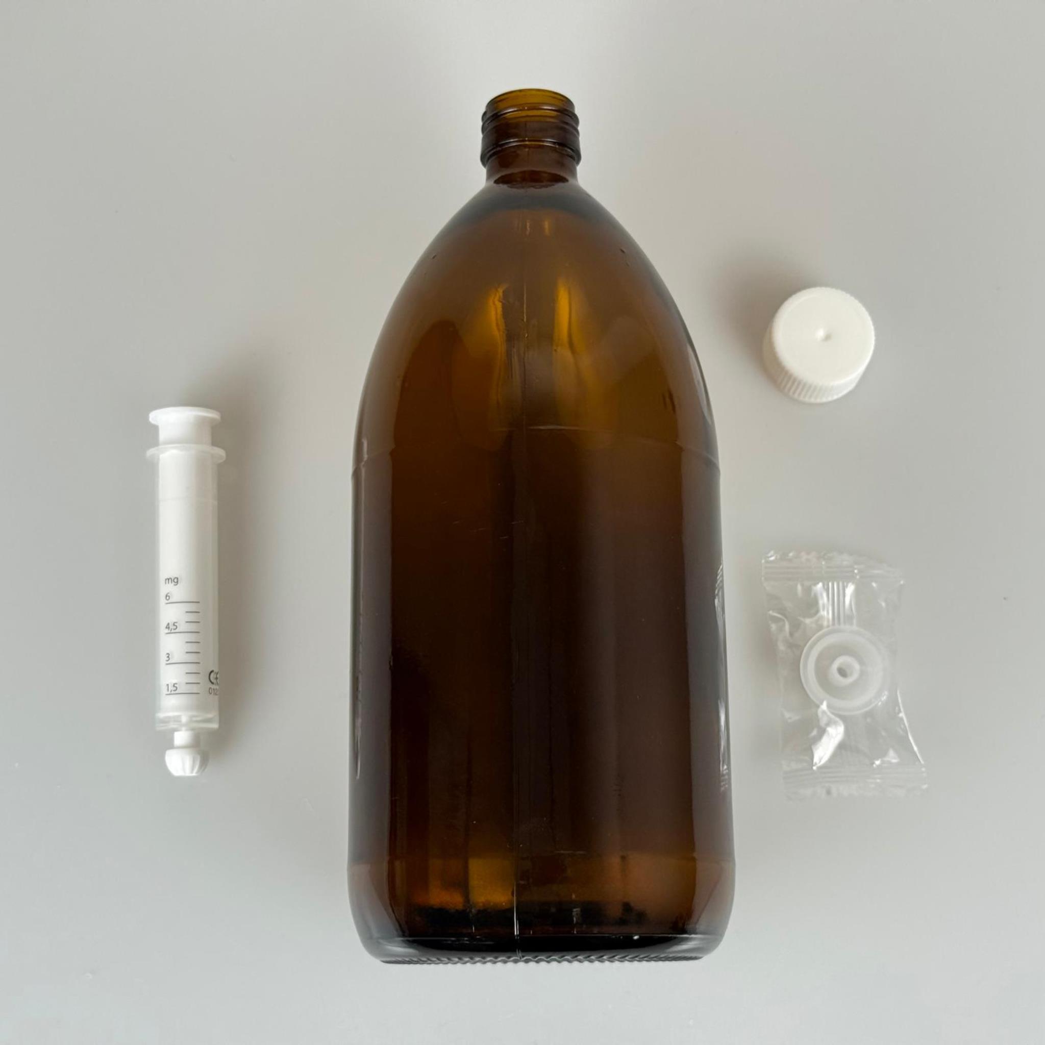 1000 ML CAM ECZA ŞİŞESİ + 6 ML DOZAJ PİPETİ + DOZAJ TIPASI + CONTALI PLASTİK KAPAK TAKIM