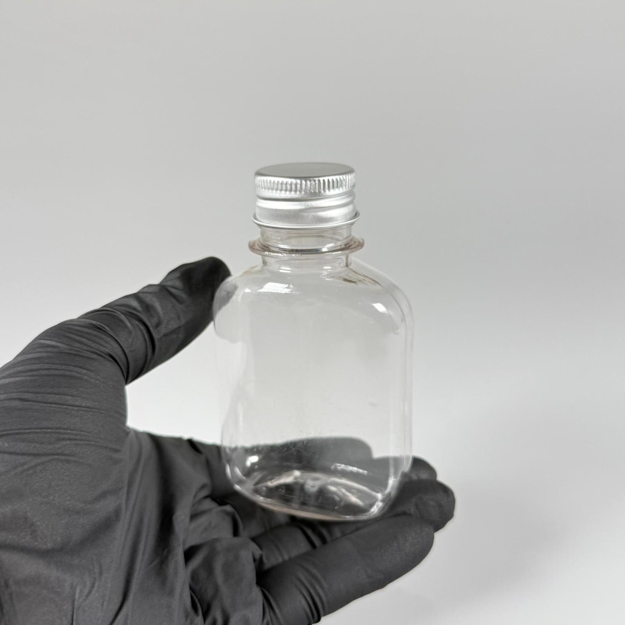 100 ML YASSI METAL KAPAKLI PET ŞİŞE - 100 CC CONTALI GÜMÜŞ ALÜMİNYUM KAPAKLI PLASTİK ŞİŞE