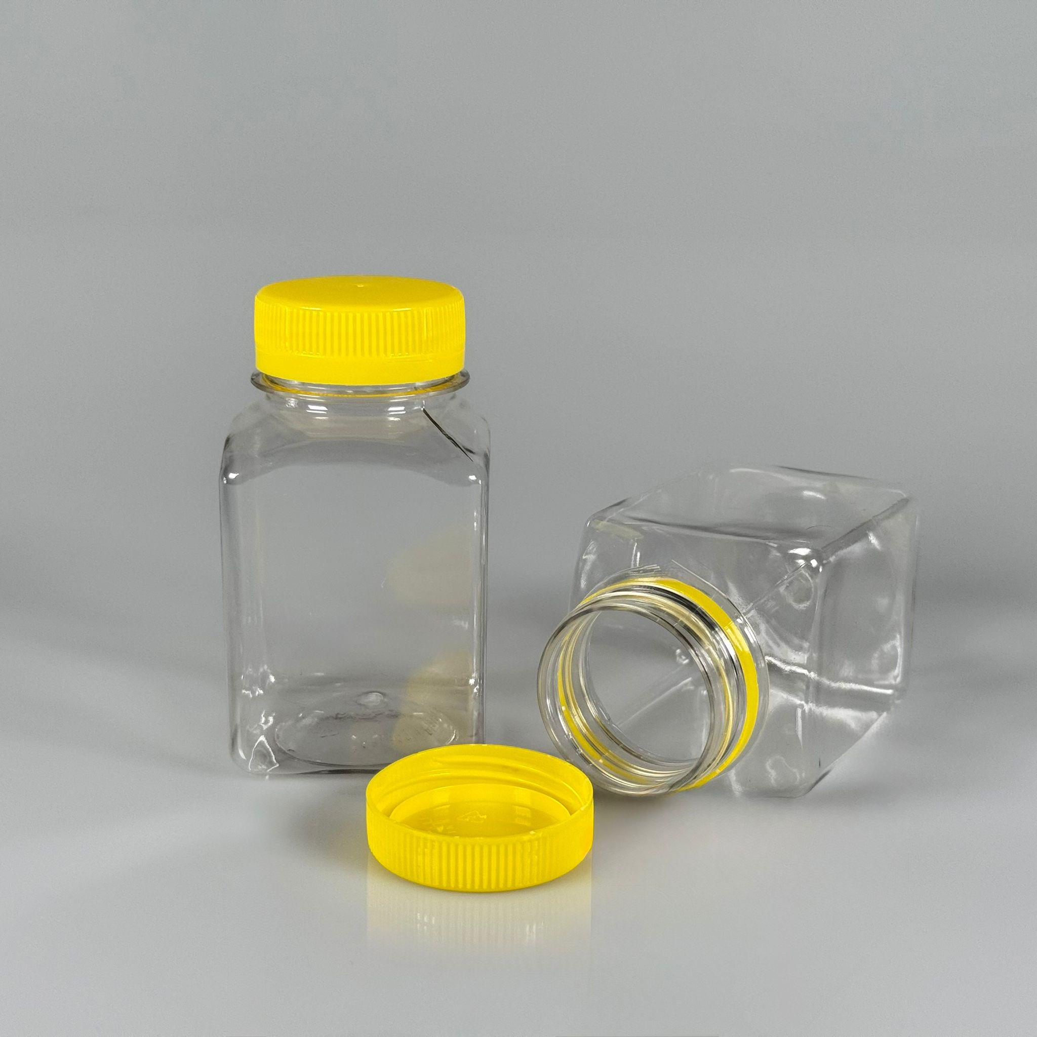 150 CC KÖŞELİ KARE PET ŞİŞE (15,6 GR) - 38 MM GENİŞ AĞIZLI KİLİTLİ SARI - 150 ML DETOX, MEYVE SUYU, SMOOTHIE, AYRAN, SÜT, MEŞRUBAT VB İÇİN BOŞ PLASTİK ŞİŞELER