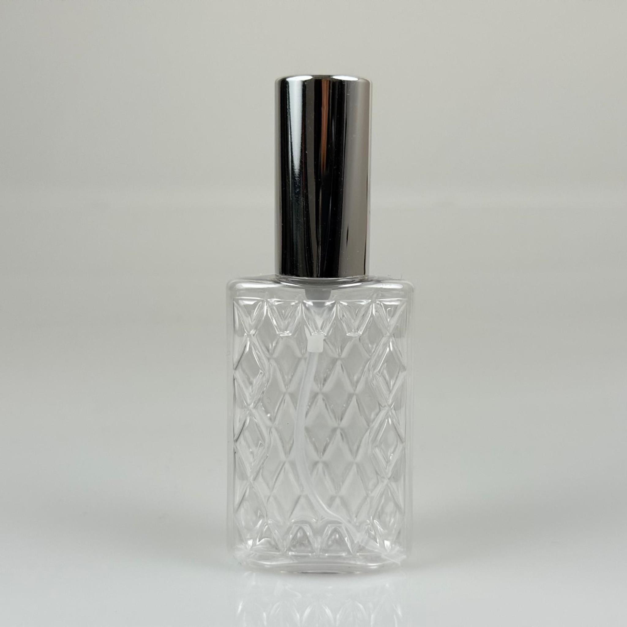 50 ML PET KOLONYA, PARFÜM VB ŞİŞELERİ - METAL ALÜMİNYUM GÜMÜŞ KAPAK + VİDALI SPREY + 50 CC KÖŞELİ ŞEFFAF ŞİŞE SET TAKIM