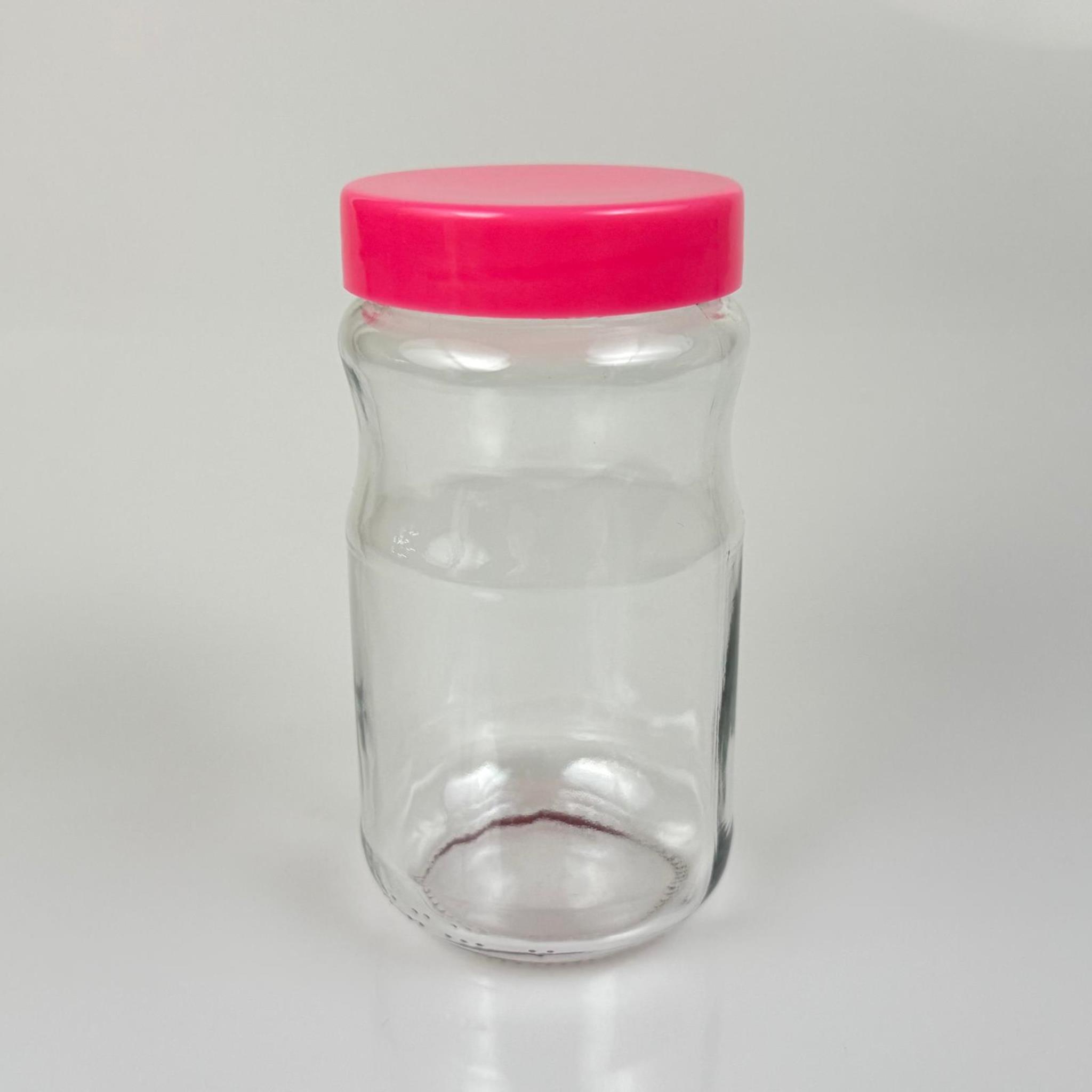 370 CC BOĞUMLU CAM KAVANOZ + PEMBE PLASTİK KAPAK - 370 ML PLASTİK KAPAKLI CAM KAVANOZ