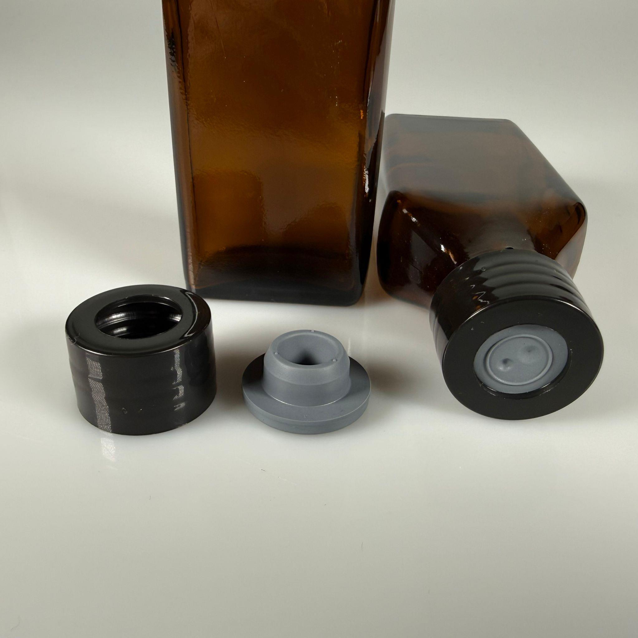 FLAKON ENJEKTÖR SERUM ŞİŞESİ - 100 ML YASSI AMBER ECZA CAM ŞİŞE + VİDALI DELİKLİ KAPAK (ELLE ÇEVİREREK KAPANIR) + KAUÇUK BUTİL TIPA TAKIM