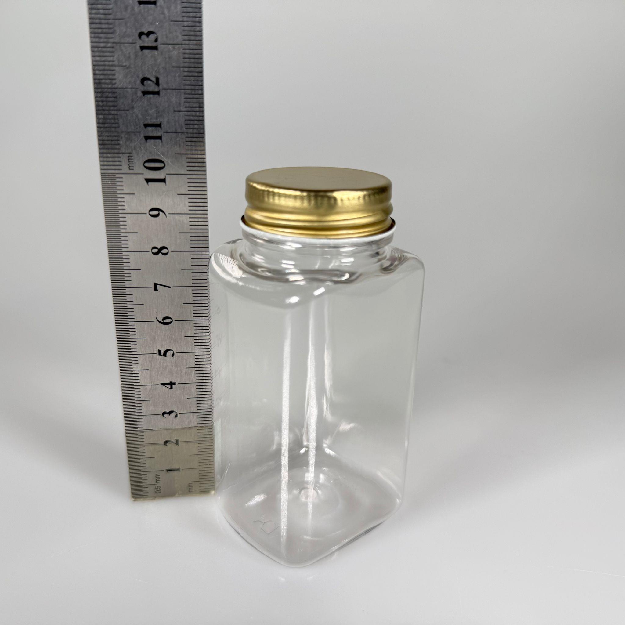 BAHARAT, TOZ, KAHVE, SAHLEP VB MUTFAK DÜZENLEME İÇİN KARE PLASTİK MİNİ KAVANOZLAR - 150 ML -  RAF DÜZENLEYİCİ GIDAYA UYGUN KÖŞELİ GOLD METAL KAPAKLI PET KAVANOZLARI