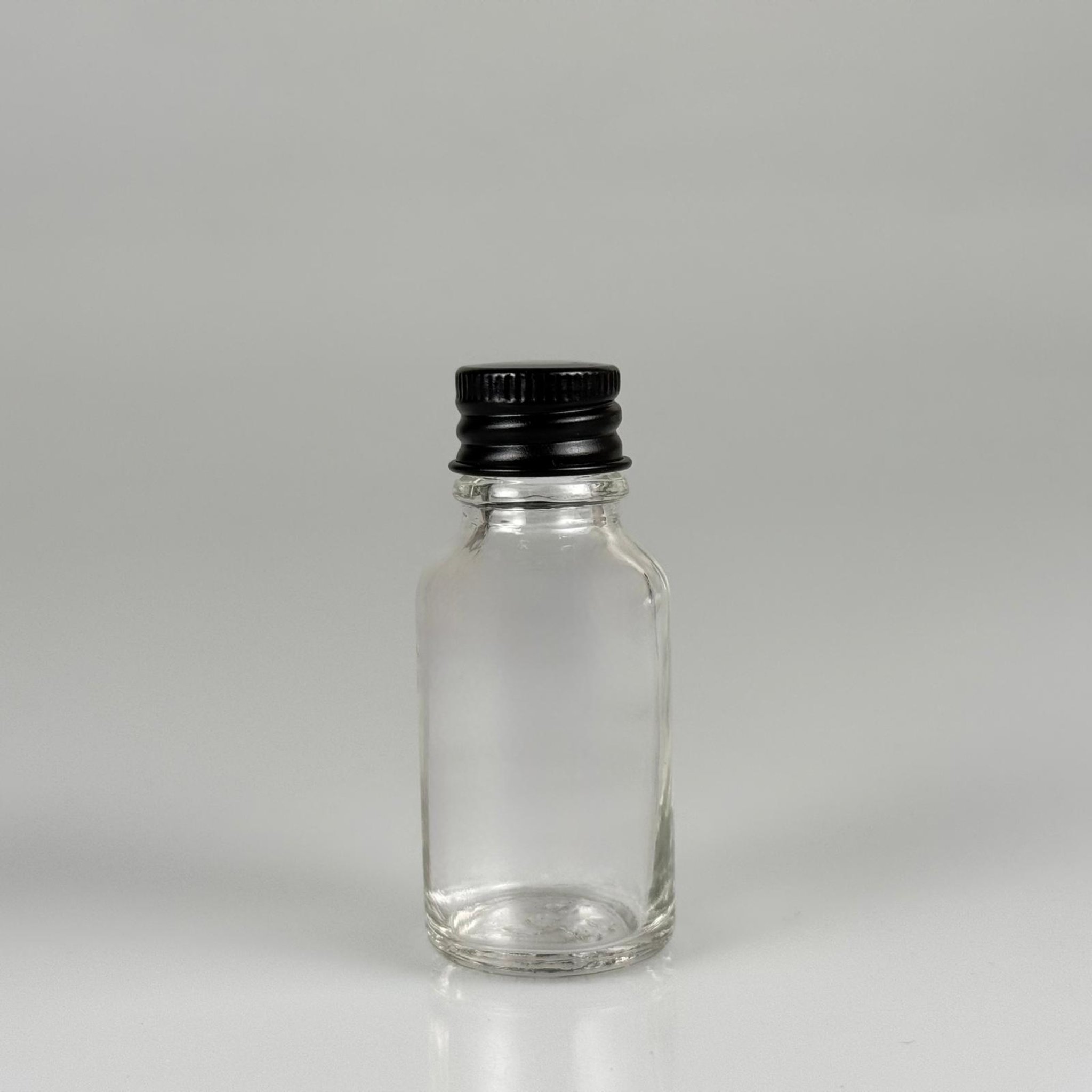 15 CC ŞEFFAF CAM ŞİŞE + KÖPÜK CONTALI SİYAH ALÜMİNYUM METAL KAPAKLI TAKIM - 15 ML ŞEFFAF CAM ŞİŞE