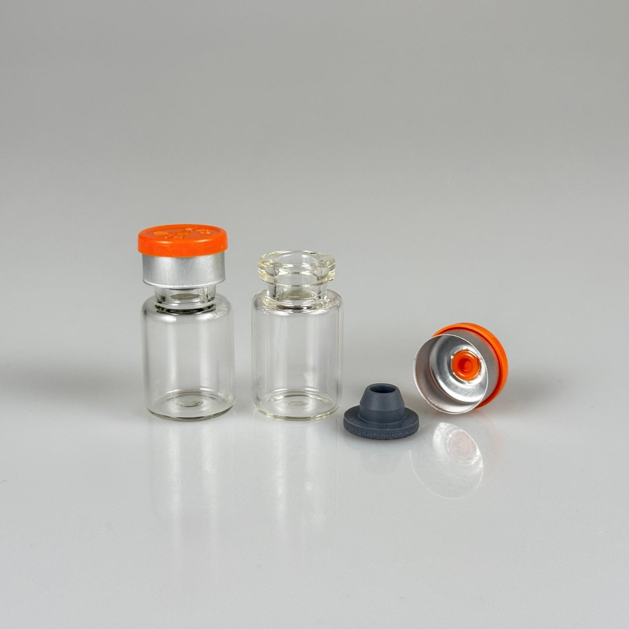 2 ML VİAL FLAKON ŞİŞE- 13 AĞIZ 2 CC ŞEFFAF CAM İLAÇ ŞİŞESİ + KAUÇUK BUTİL ENJEKTÖR TIPASI + TURUNCU FLAKON KAPAKLI TAKIM
