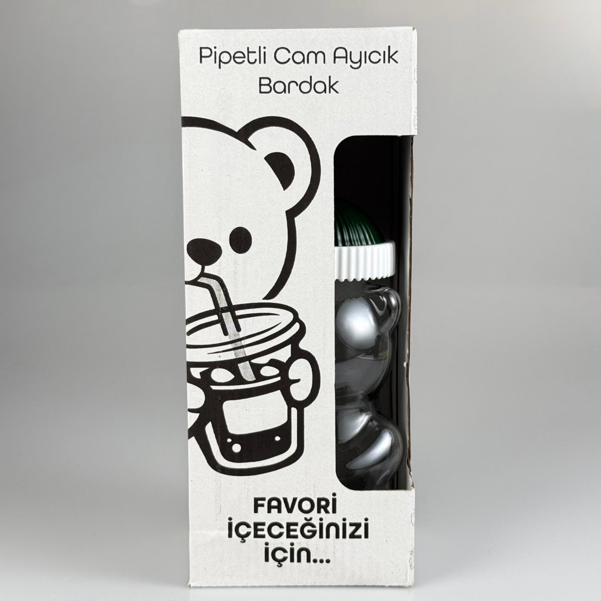 500 CC PİPETLİ CAM AYICIK BARDAK - YEŞİL KAPAKLI - 500 ML AYICIK FİGÜRLÜ PİPETLİ CAM SU , SOĞUK KAHVE ,  MEYVE SUYU VE MEŞRUBAT VB - HEDİYELİK BARDAK