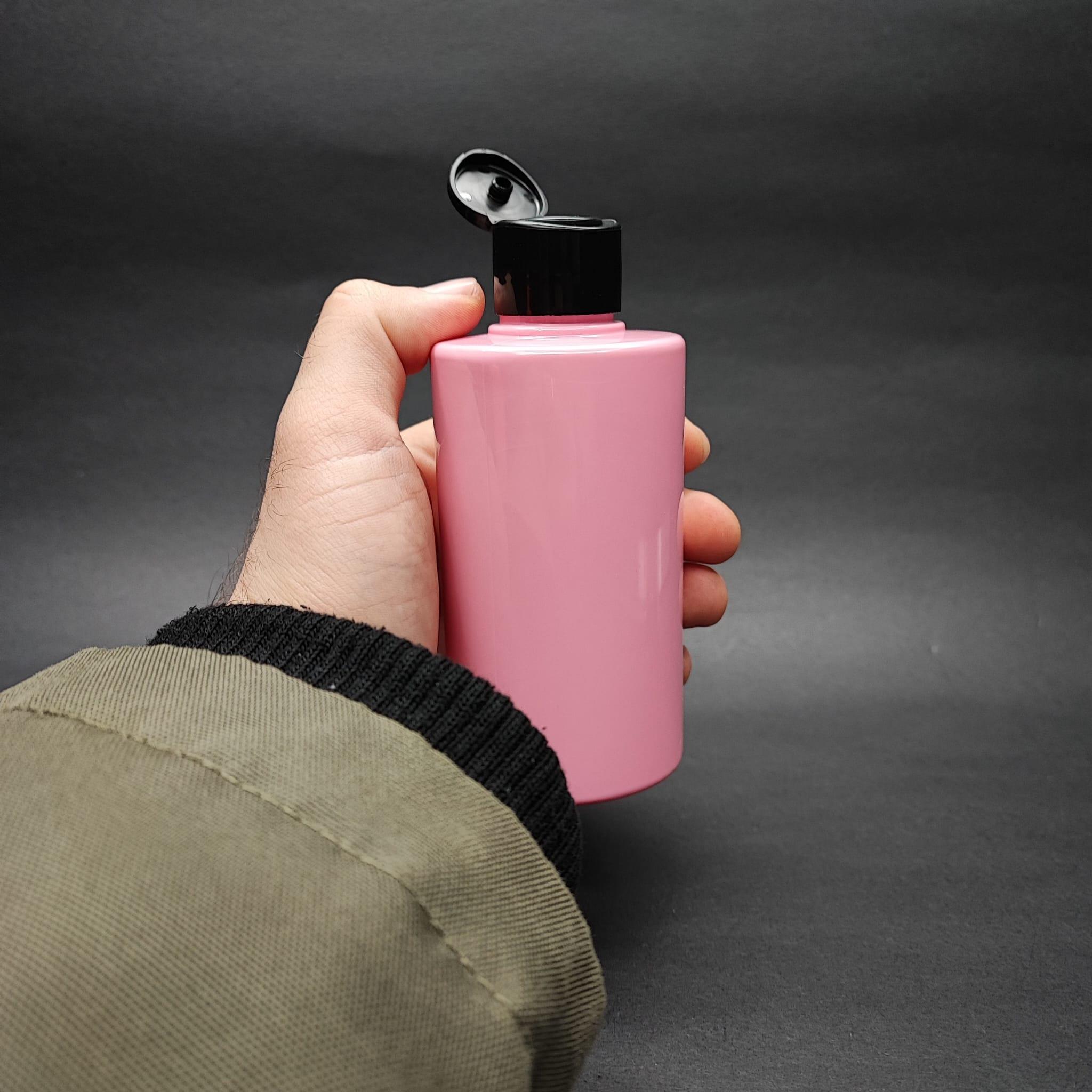 200 CC KÜT BOYUNLU SİLİNDİR PET ŞİŞE (24 GR) - SİYAH FARMASİ MODEL FLİPTOP KAPAKLI - 200 ML PLASTİK ŞİŞE - PEMBE