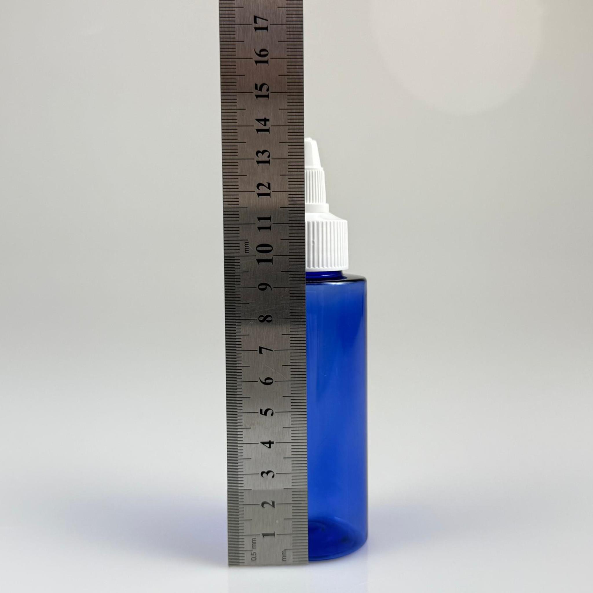 YAĞ, SOS, ACI SOS, SİRKE, SRIRACHA, MÜREKKEP, TUTKAL AKITICI VB BOŞ ŞİŞELERİ - BEYAZ SİVRİ TWİST AKITICI KAPAK + 100 ML KÜT MAVİ SERT PET PLASTİK ŞİŞE TAKIM