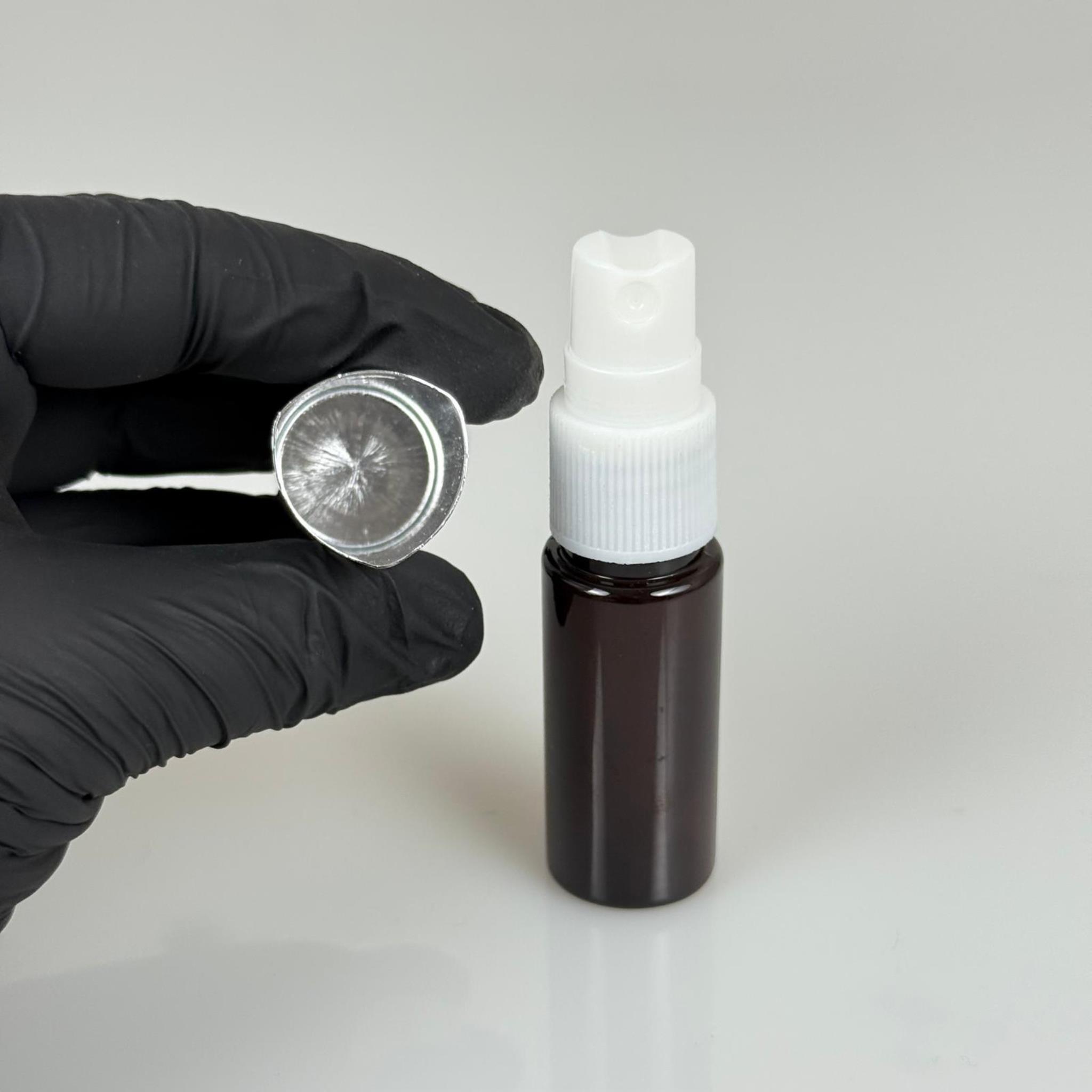 15 ML PET KOLONYA, PARFÜM VB ŞİŞELERİ - METAL ALÜMİNYUM GÜMÜŞ KAPAK + VİDALI SPREY + 15 CC AMBER ŞİŞE SET TAKIM