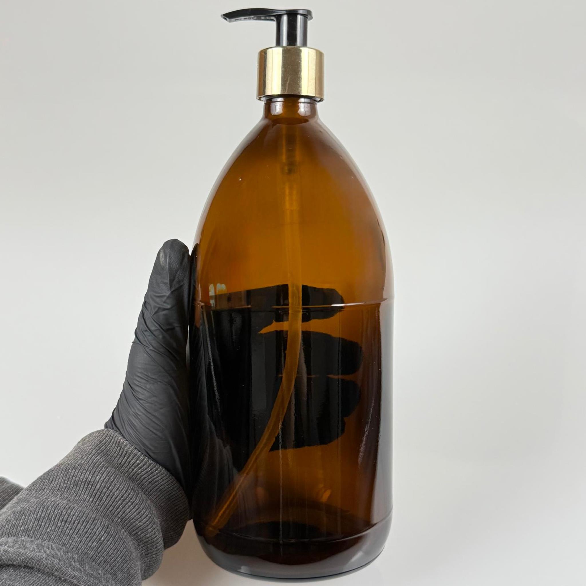 1000 CC AMBER TOMBUL ÖZEL SERİ CAM ŞİŞE - GOLD METAL KAPLAMALI POMPALI - 1000 ML CAM ECZA ŞİŞESİ - KAHVERENGİ