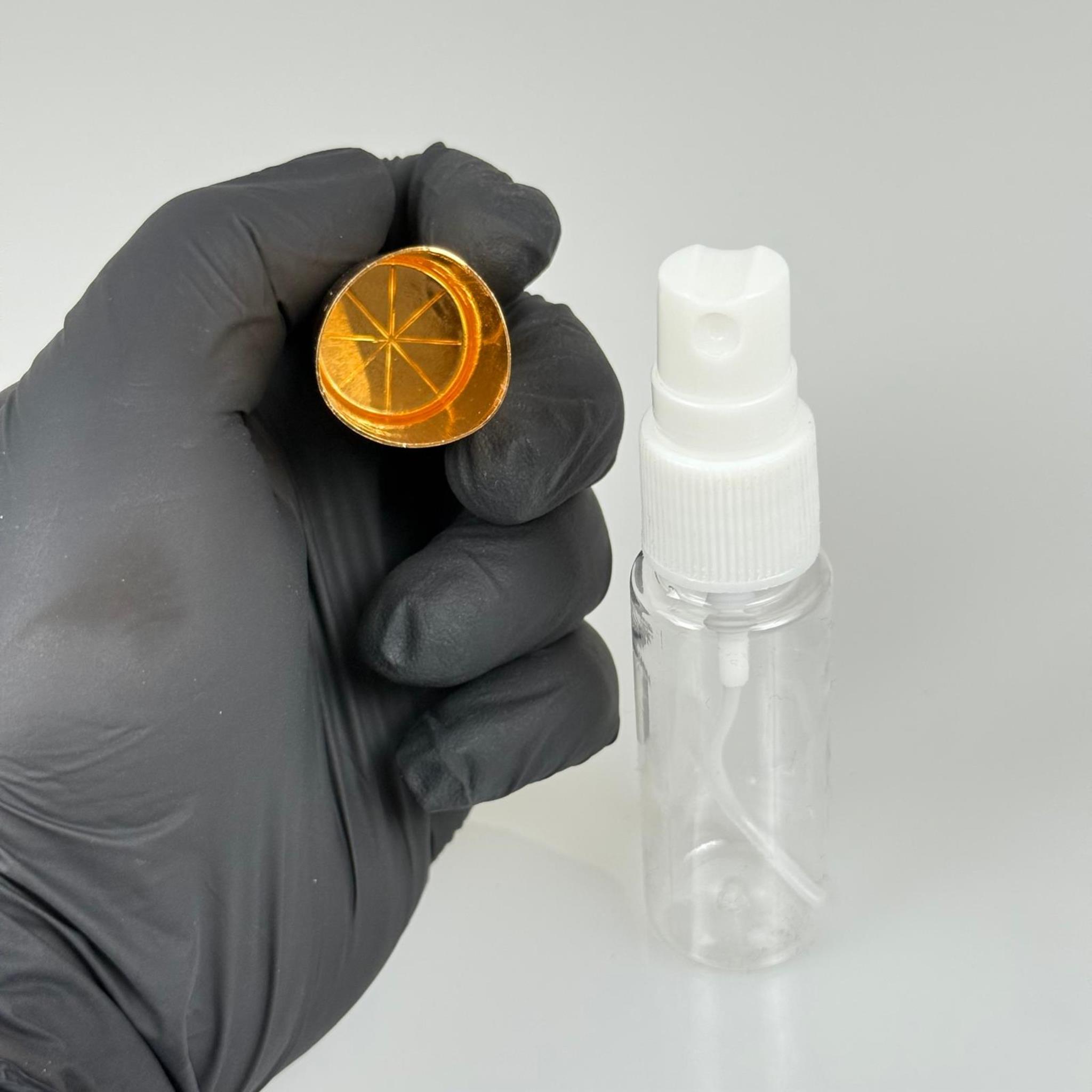 20 ML PET KOLONYA, PARFÜM VB ŞİŞELERİ - METAL ALÜMİNYUM GOLD KAPAK + VİDALI SPREY + 20 CC UZUN MODEL ŞİŞE SET TAKIM