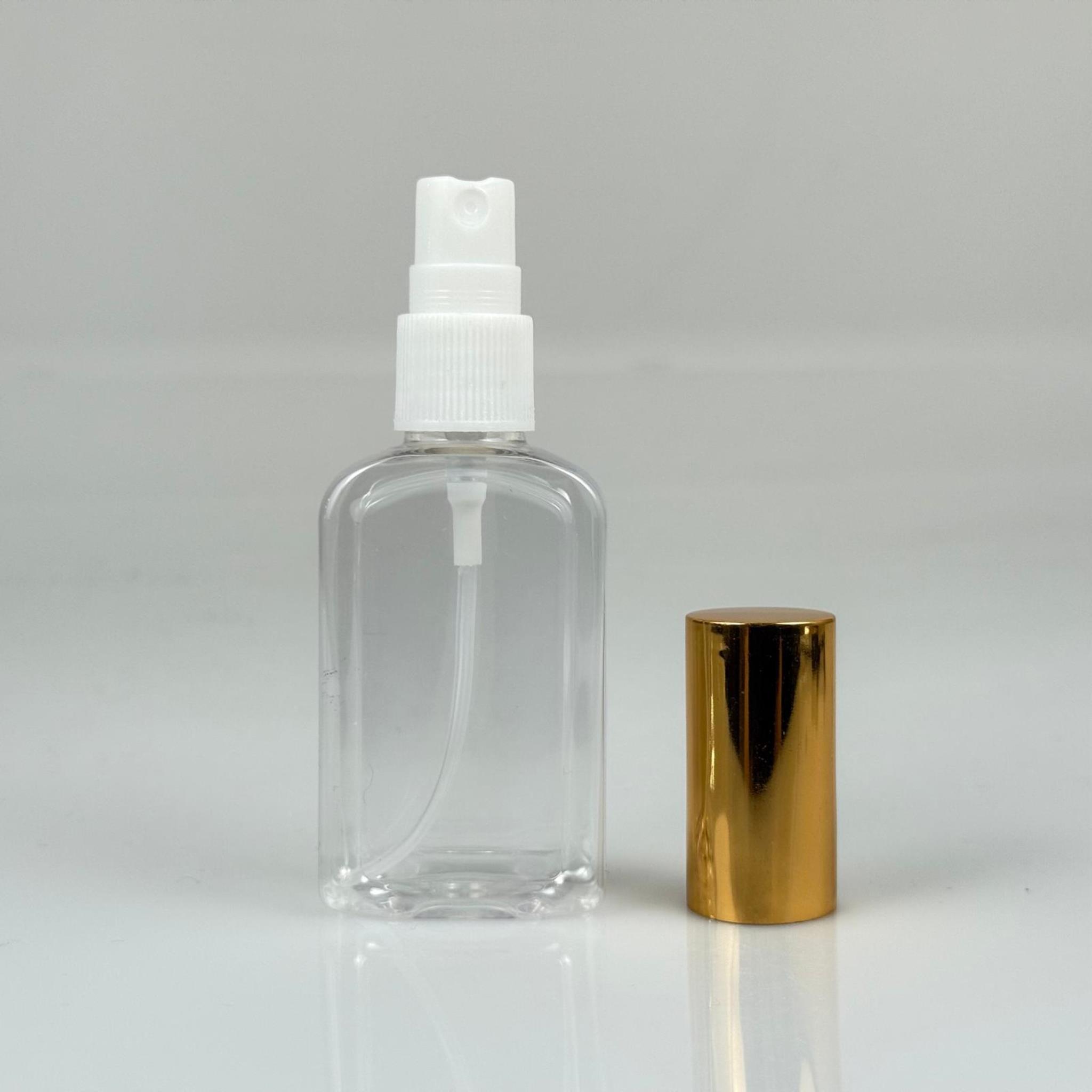 50 ML PET KOLONYA, PARFÜM VB ŞİŞELERİ - METAL ALÜMİNYUM GOLD KAPAK + VİDALI SPREY + 50 CC KÖŞELİ YASSI ŞİŞE SET TAKIM