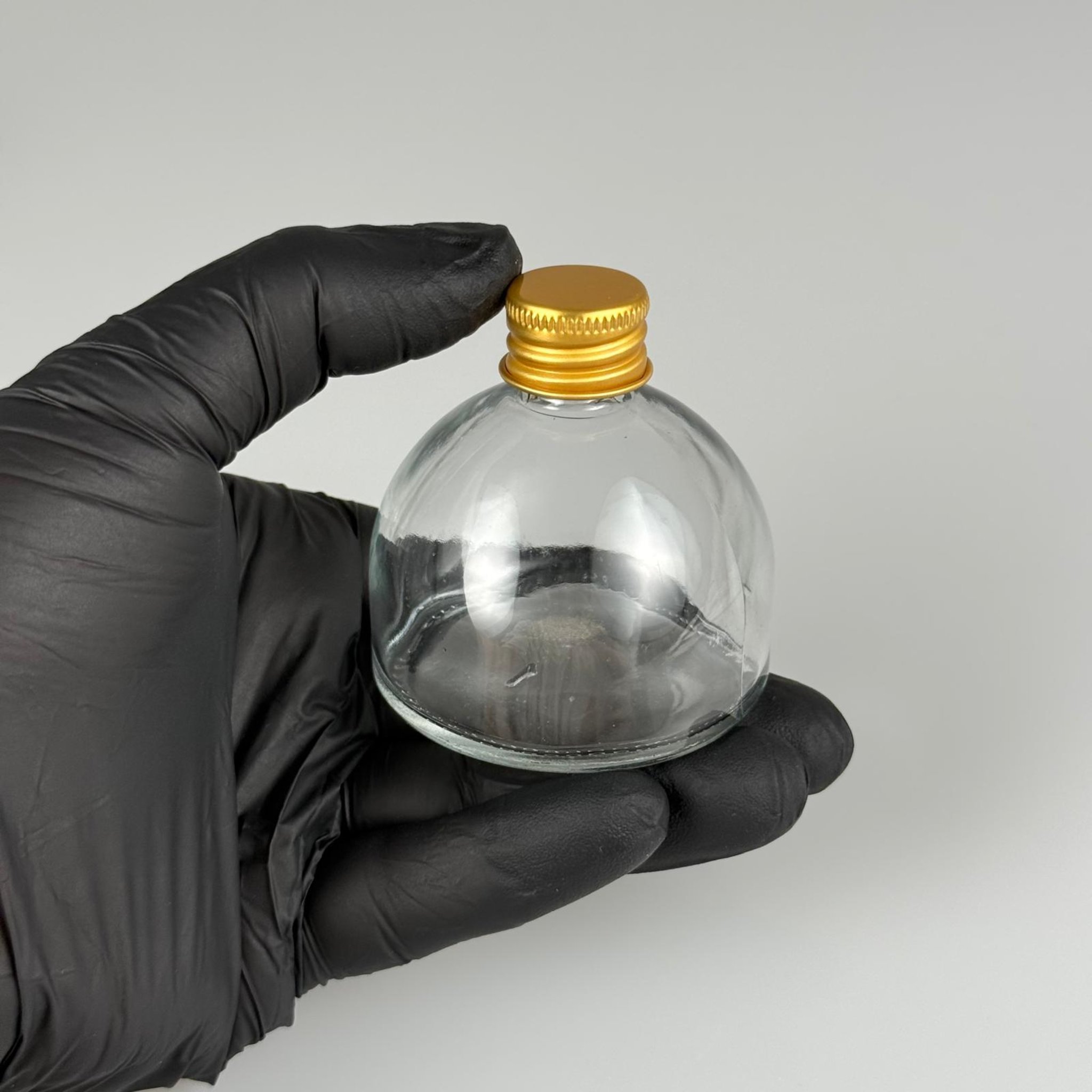 50 CC KUBBE CAM ŞİŞE + GOLD ALÜMİNYUM METAL KAPAKLI TAKIM - 50 ML ŞEFFAF CAM ŞİŞE