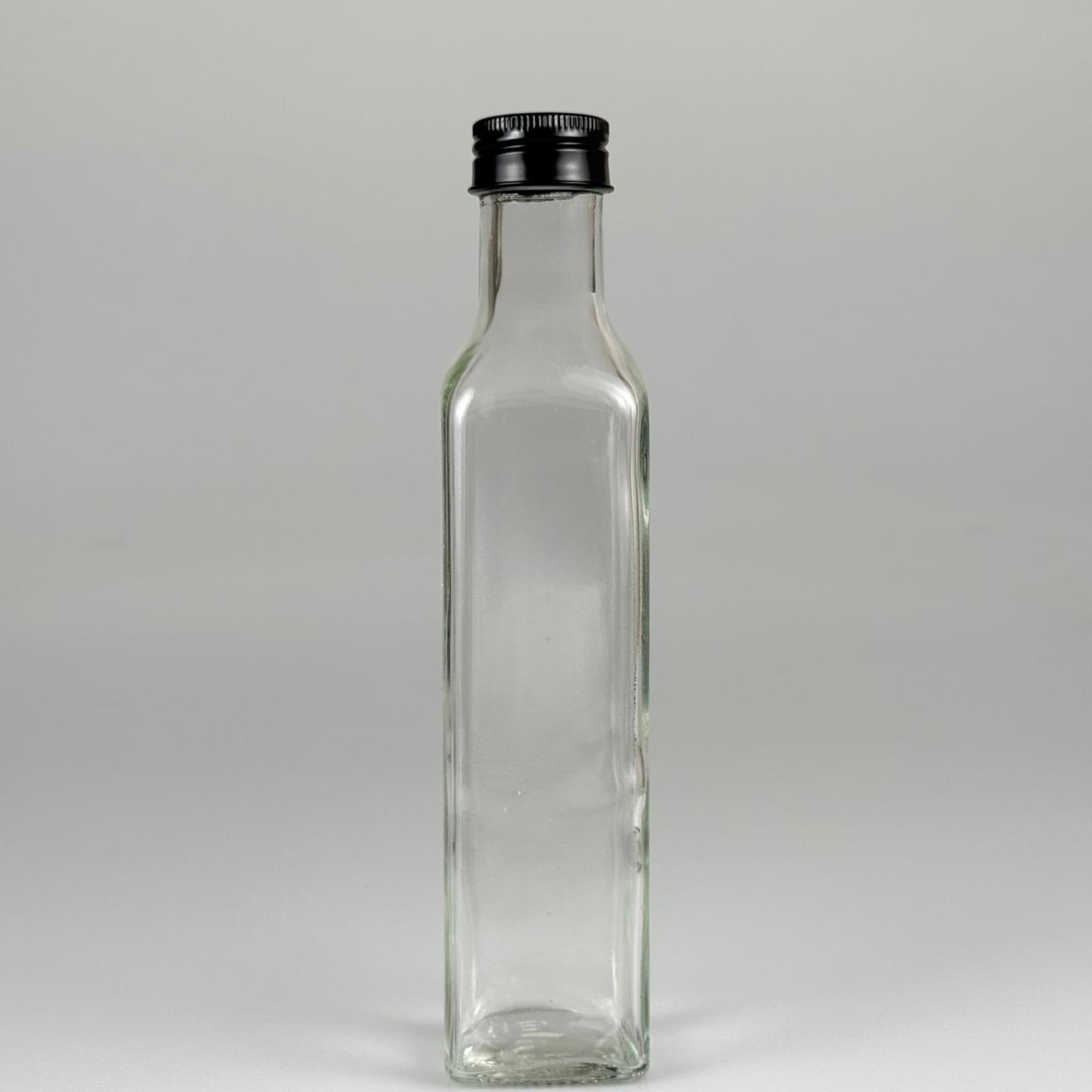 250 CC MARASKA CAM ŞİŞE - SİYAH METAL ALÜMİNYUM KAPAKLI - 250 ML KÖŞELİ YAĞ ŞİŞESİ - SİRKE ŞİŞESİ