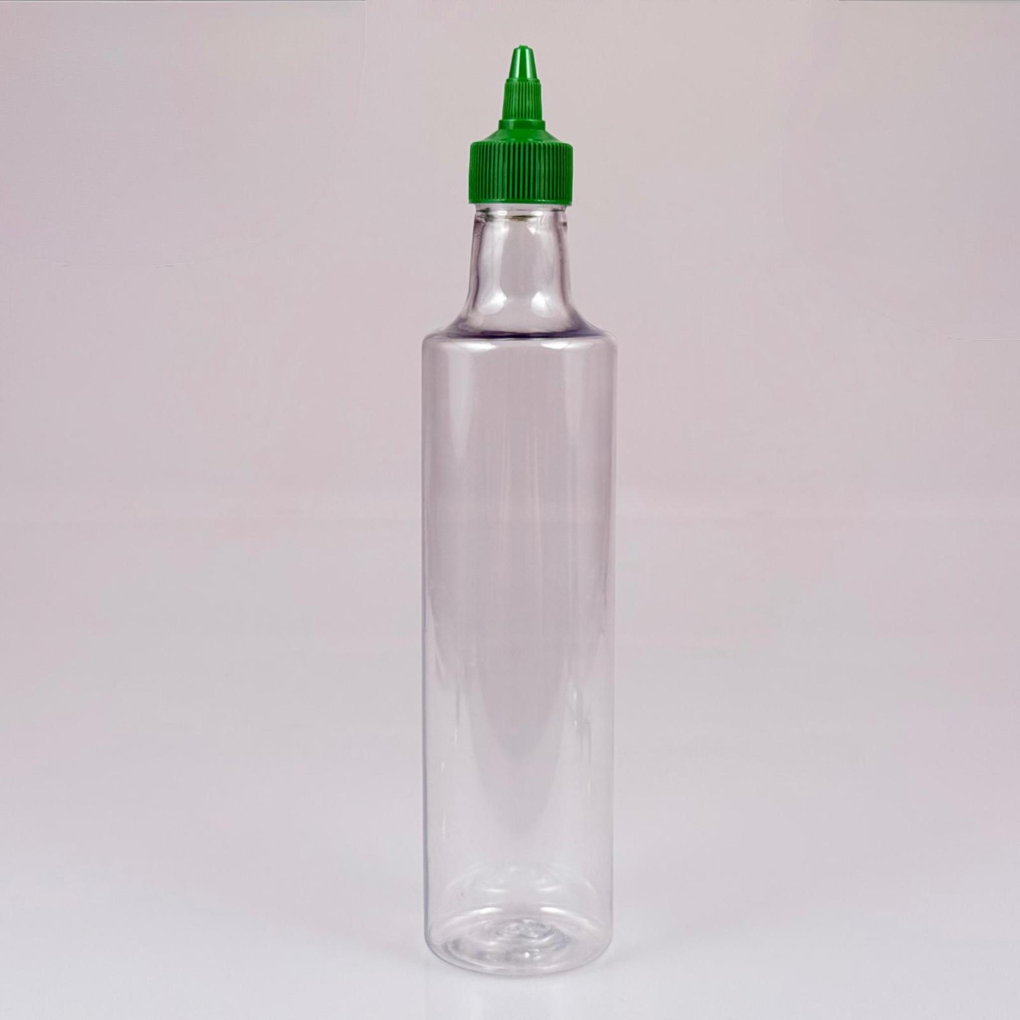ZEYTİNYAĞI, SOS, ACI SOS, SİRKE, SRIRACHA VB BOŞ ŞİŞELERİ - YEŞİL SİVRİ TWİST AKITICI KAPAK + 500 ML ŞEFFAF DORİKA PET PLASTİK ŞİŞE TAKIM