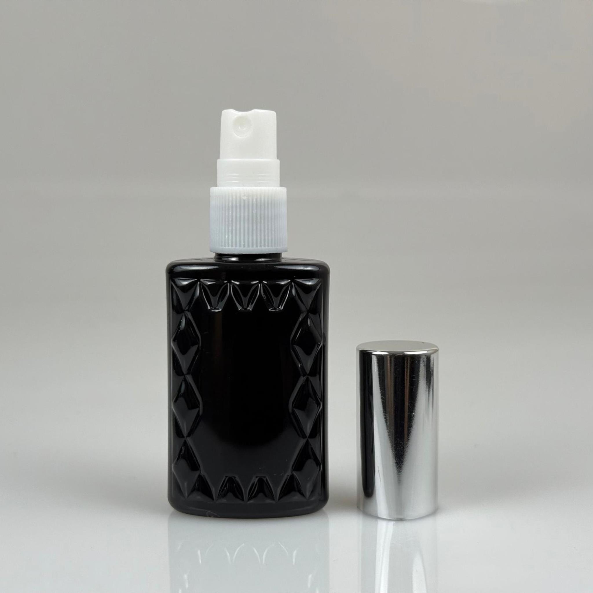 50 ML PET KOLONYA, PARFÜM VB ŞİŞELERİ - METAL ALÜMİNYUM GÜMÜŞ KAPAK + VİDALI SPREY + 50 CC KÖŞELİ SİYAH ŞİŞE SET TAKIM