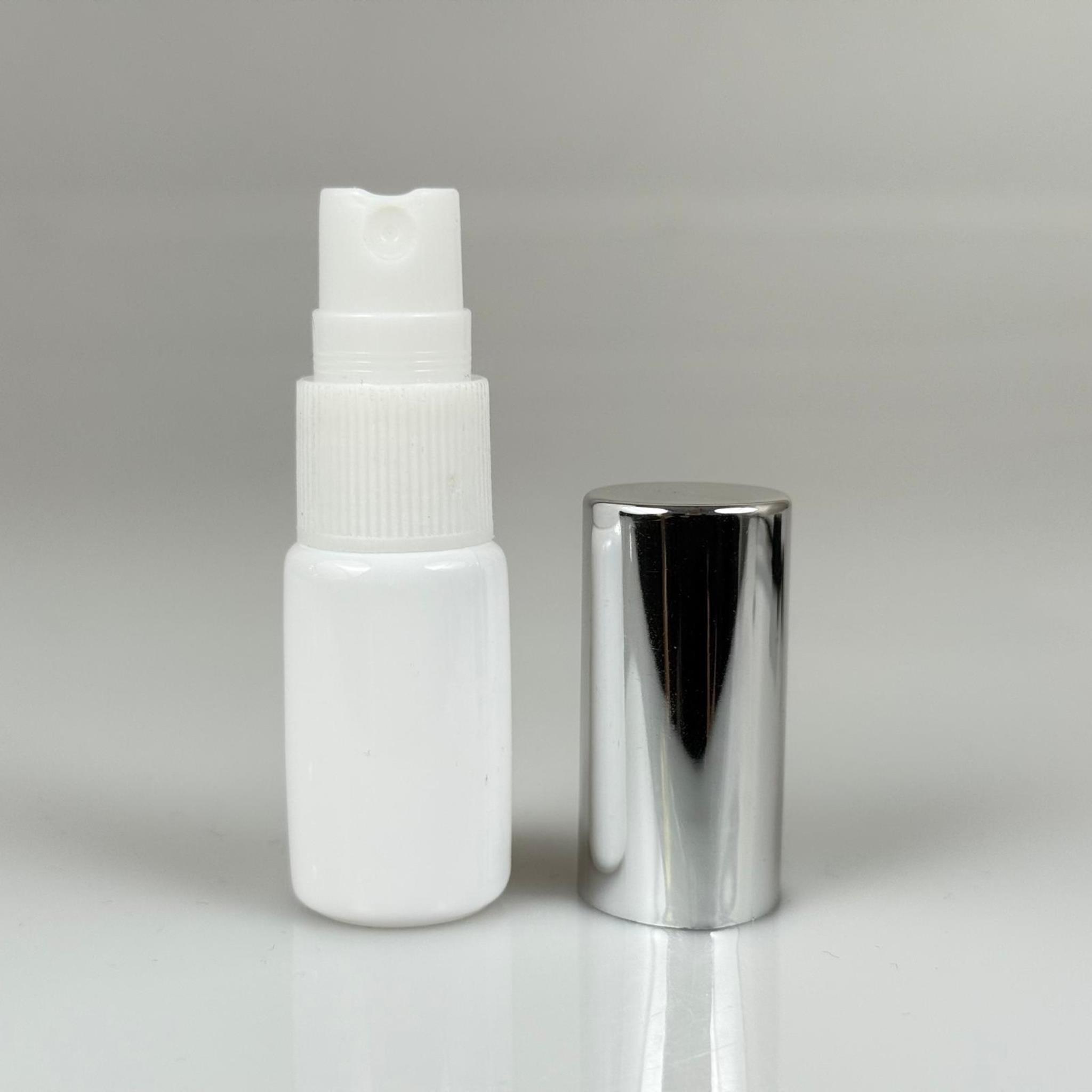 10 ML PET KOLONYA, PARFÜM VB ŞİŞELERİ - METAL ALÜMİNYUM GÜMÜŞ KAPAK + VİDALI SPREY + 10 CC BEYAZ SHOT ŞİŞE SET TAKIM