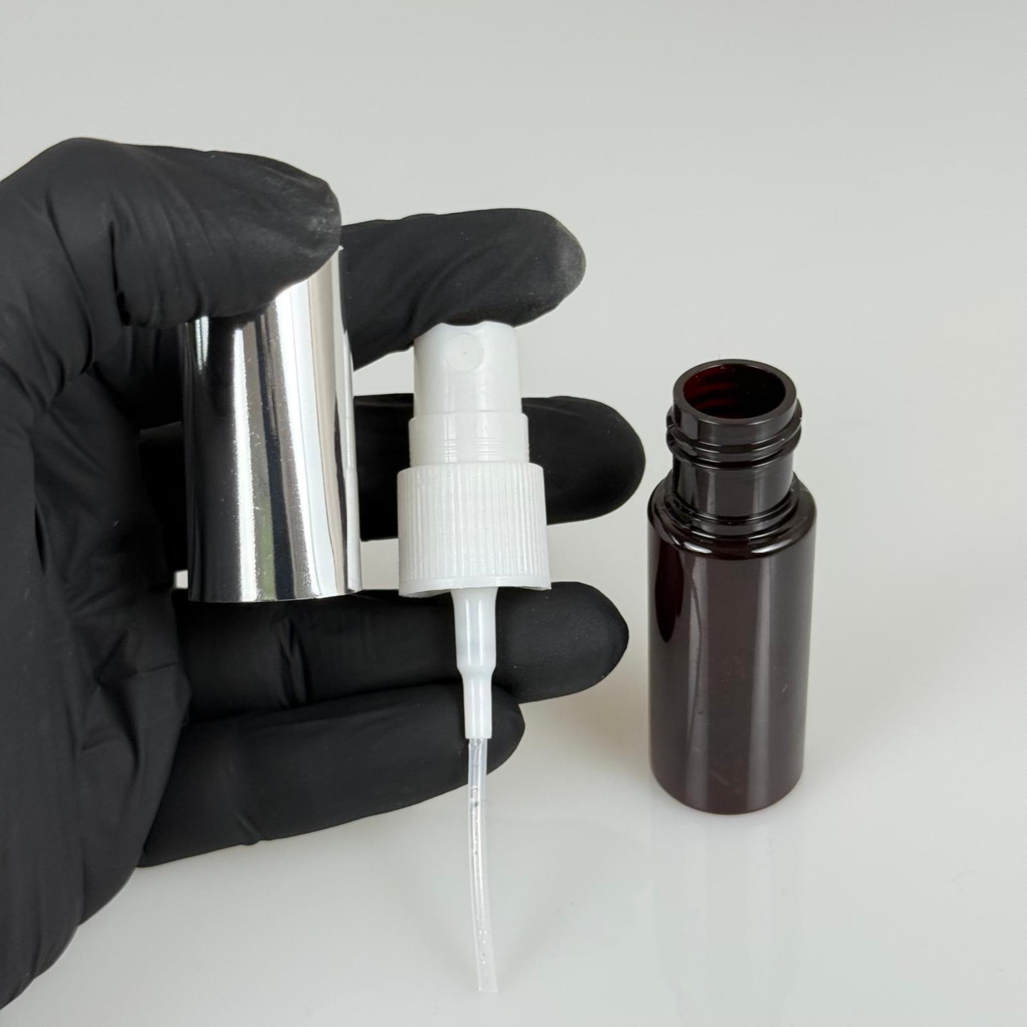 15 ML PET KOLONYA, PARFÜM VB ŞİŞELERİ - METAL ALÜMİNYUM GÜMÜŞ KAPAK + VİDALI SPREY + 15 CC AMBER ŞİŞE SET TAKIM