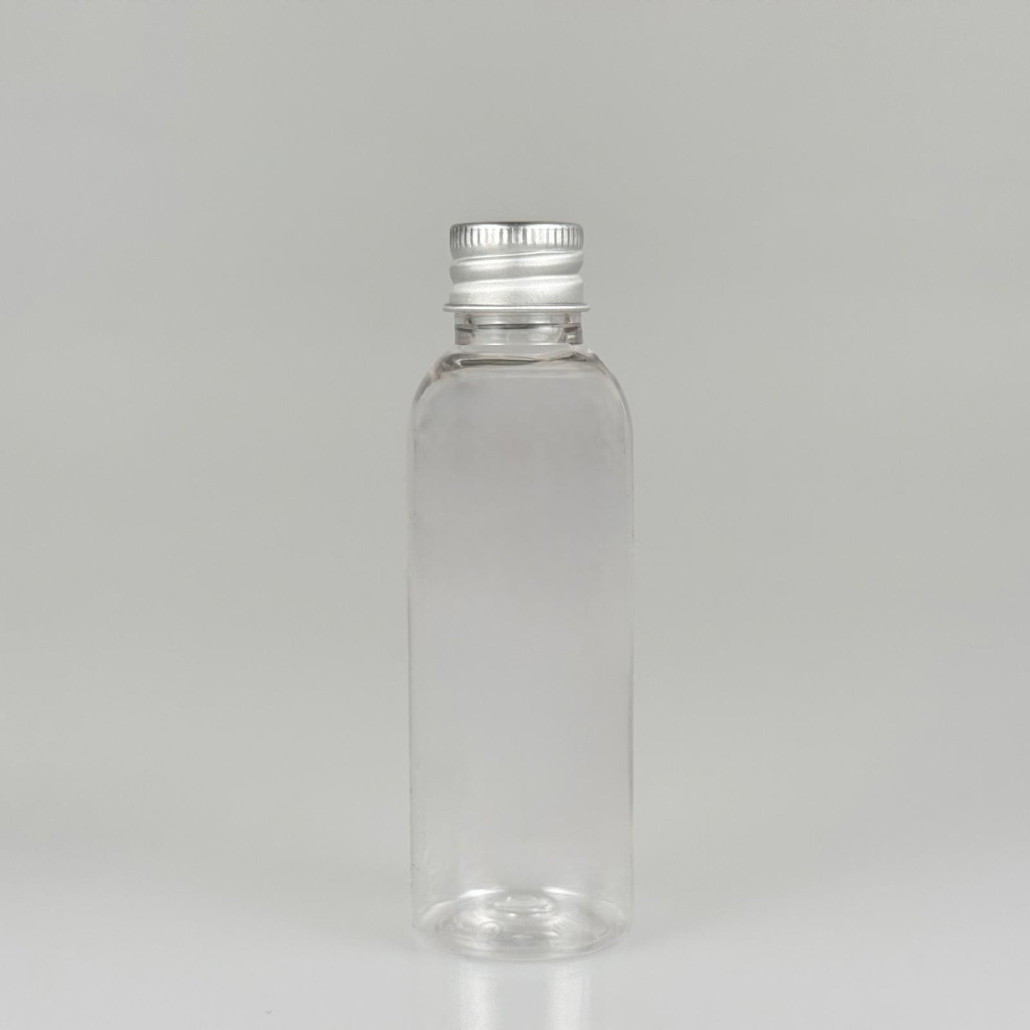 50 CC ŞEFFAF SİLİNDİR UZUN MODEL PET ŞİŞE + KÖPÜK CONTALI GÜMÜŞ ALÜMİNYUM METAL KAPAKLI TAKIM - 50 ML PLASTİK ŞİŞE