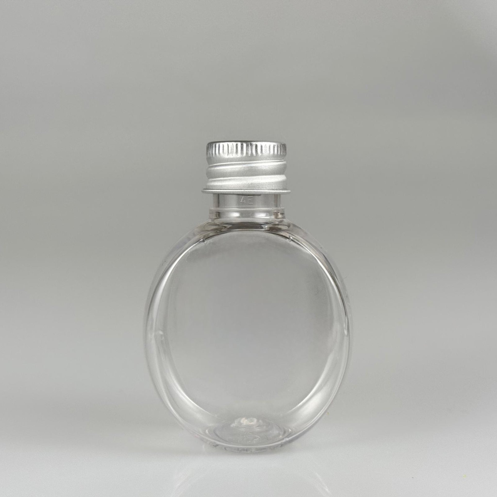 40 CC YUVARLAK TOP PET ŞİŞE - KÖPÜK CONTALI GÜMÜŞ ALÜMİNYUM METAL KAPAKLI TAKIM - 40 ML ŞEFFAF PET ŞİŞE