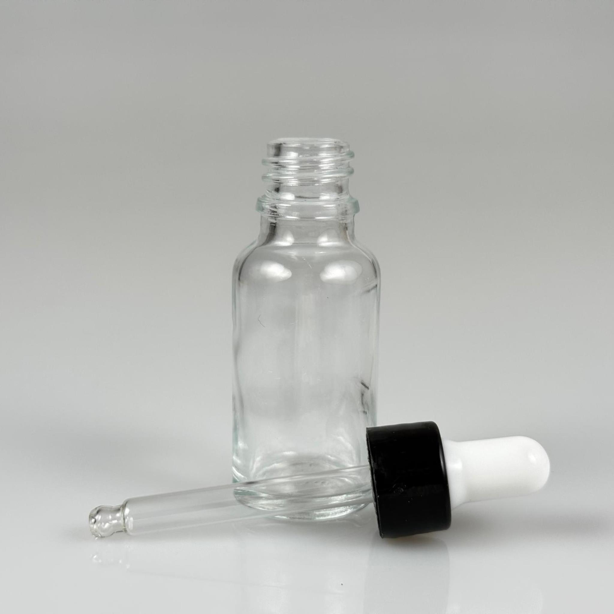 20 CC ŞEFFAF CAM DAMLALIKLI ŞİŞE - BEYAZ EMZİK + SİYAH DÜZ KAPAK + CAM PİPET TAKIM - 20 ML DAMLALIKLI ŞİŞE SETİ