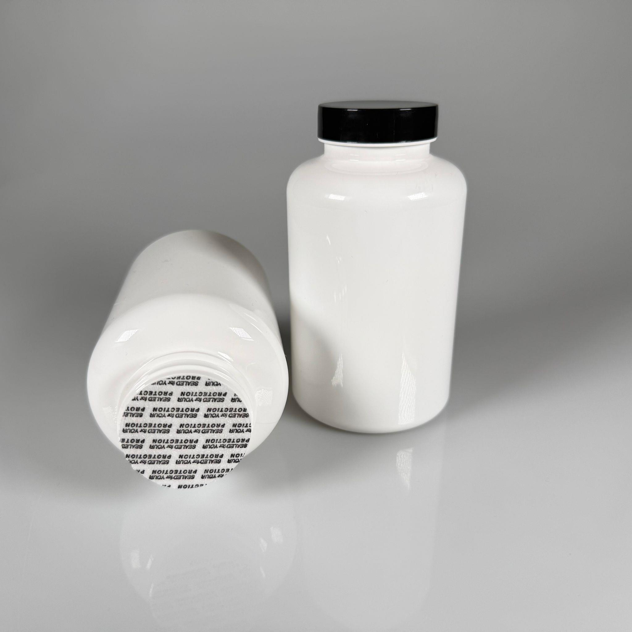 400 CC BEYAZ PET TABLET ŞİŞESİ - SİYAH KAPAKLI + KENDİNDEN YAPIŞKANLI KÖPÜK CONTALI - 400 ML KAPSÜL KUTUSU - İLAÇ ŞİŞESİ - MEDİKAL HAP ŞİŞESİ - FARMASÖTİK KAVANOZ