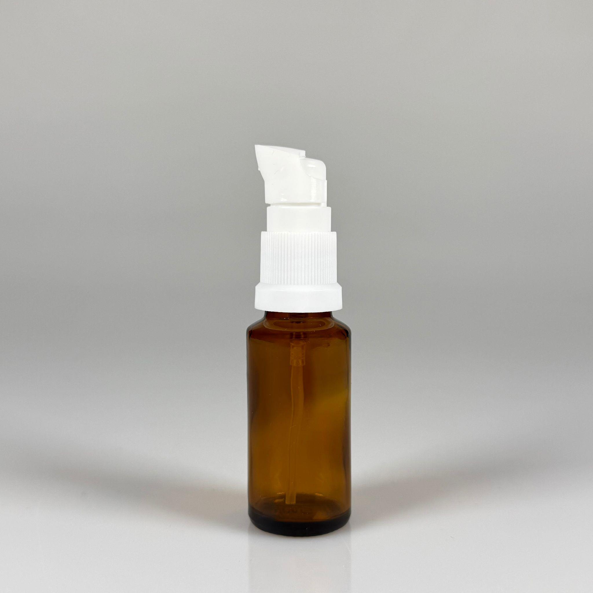 20 CC AMBER CAM ŞİŞE - SIZDIRMAZ ETEKLİ BEYAZ LOSYON POMPALI TAKIM - 20 ML LOSYON ŞİŞESİ - YAĞ, KREM GİBİ YOĞUN KIVAMLI SIVILAR İÇİN CAM AMBALAJ