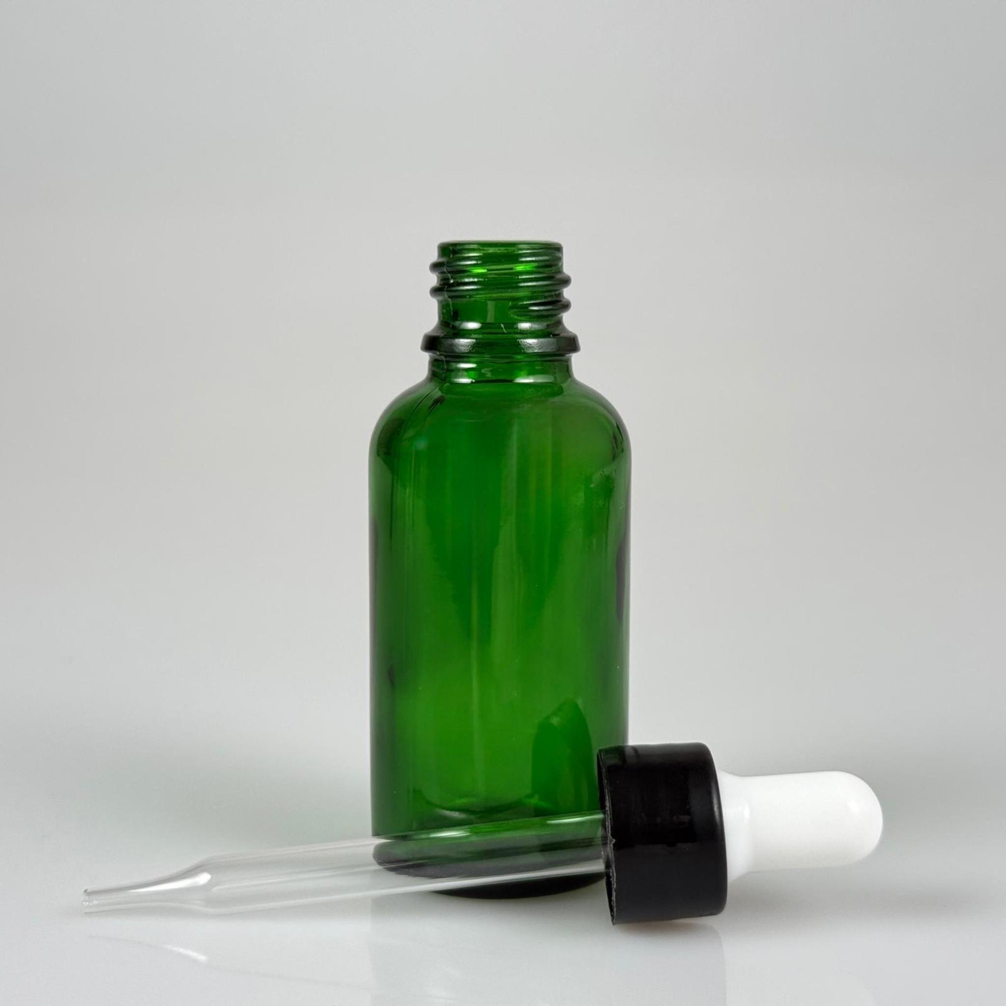 30 CC YEŞİL İNCE UÇLU CAM DAMLALIKLI ŞİŞE - BEYAZ EMZİK + SİYAH DÜZ KAPAK + CAM PİPET TAKIM - 30 ML YEŞİL DAMLALIKLI ŞİŞE SETİ