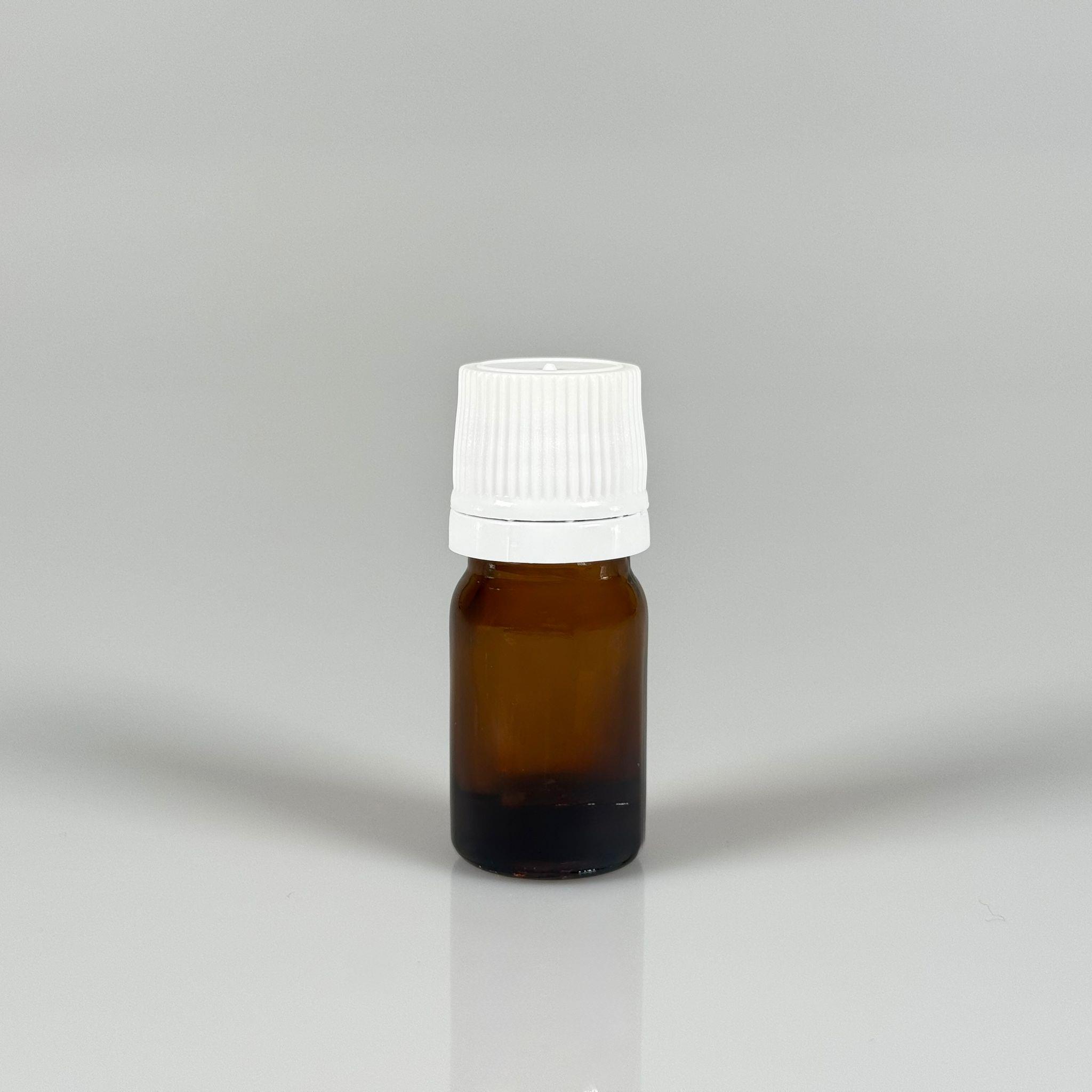 5 CC CAM AMBER KAHVERENGİ KİLİTLİ, KENDİNDEN CONTALI BEYAZ KAPAKLI - 5 ML DAR AĞIZLI İLAÇ ŞİŞESİ