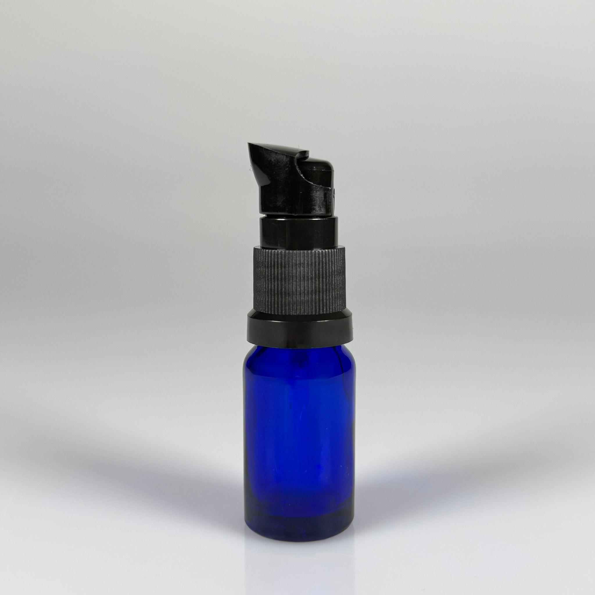 10 CC MAVİ CAM ŞİŞE - SIZDIRMAZ ETEKLİ SİYAH LOSYON POMPALI TAKIM - 10 ML LOSYON ŞİŞESİ - YAĞ, KREM GİBİ YOĞUN KIVAMLI SIVILAR İÇİN CAM AMBALAJ