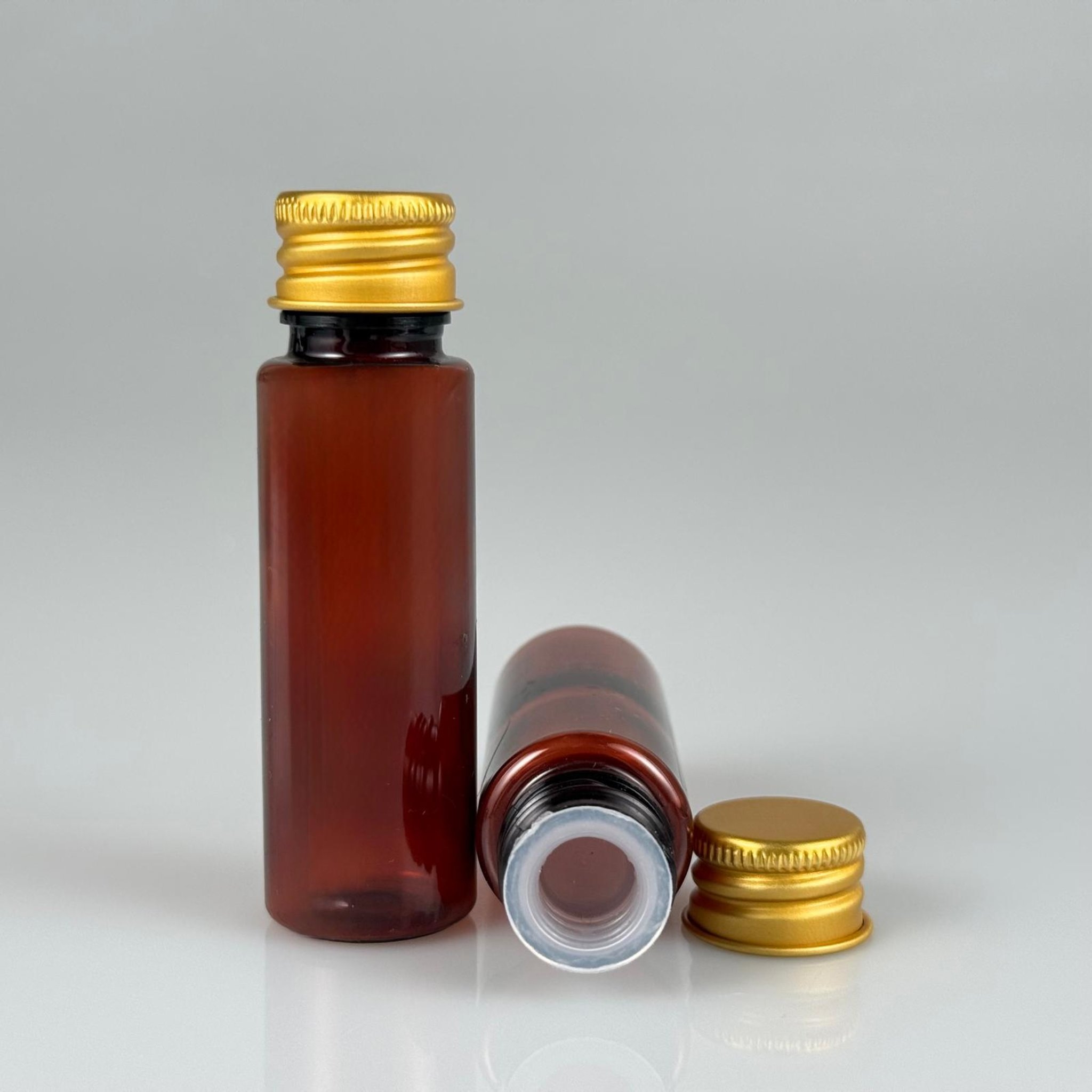 20 CC PET AMBER SHOT ŞİŞE - KÖPÜK CONTALI GOLD ALÜMİNYUM METAL KAPAKLI + KÖR TIPALI TAKIM - 20 ML KAHVERENGİ PLASTİK ŞİŞE
