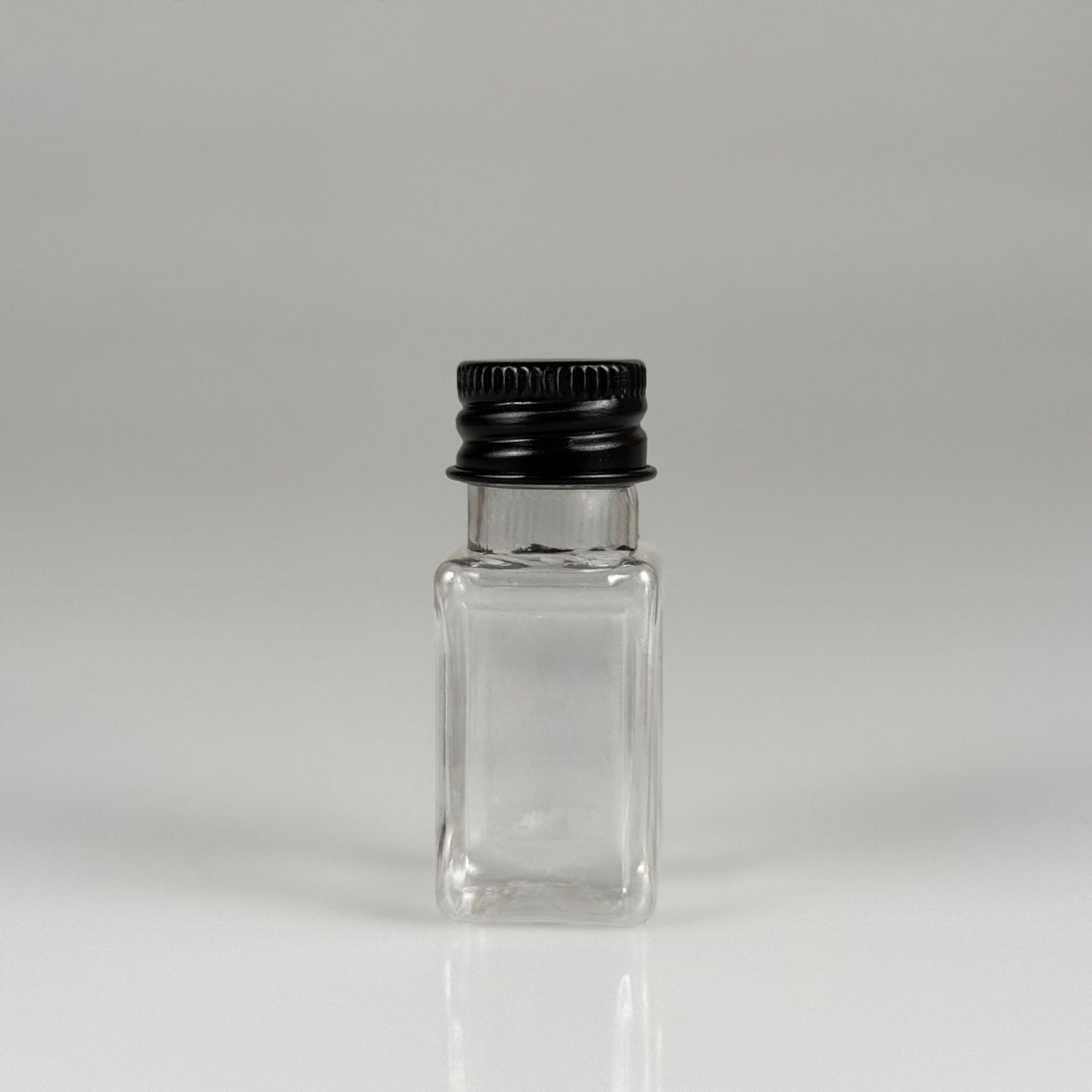 10 CC ŞEFFAF KARE PET SHOT ŞİŞE - KÖPÜK CONTALI SİYAH ALÜMİNYUM METAL KAPAKLI TAKIM - 10 ML PLASTİK ŞİŞE