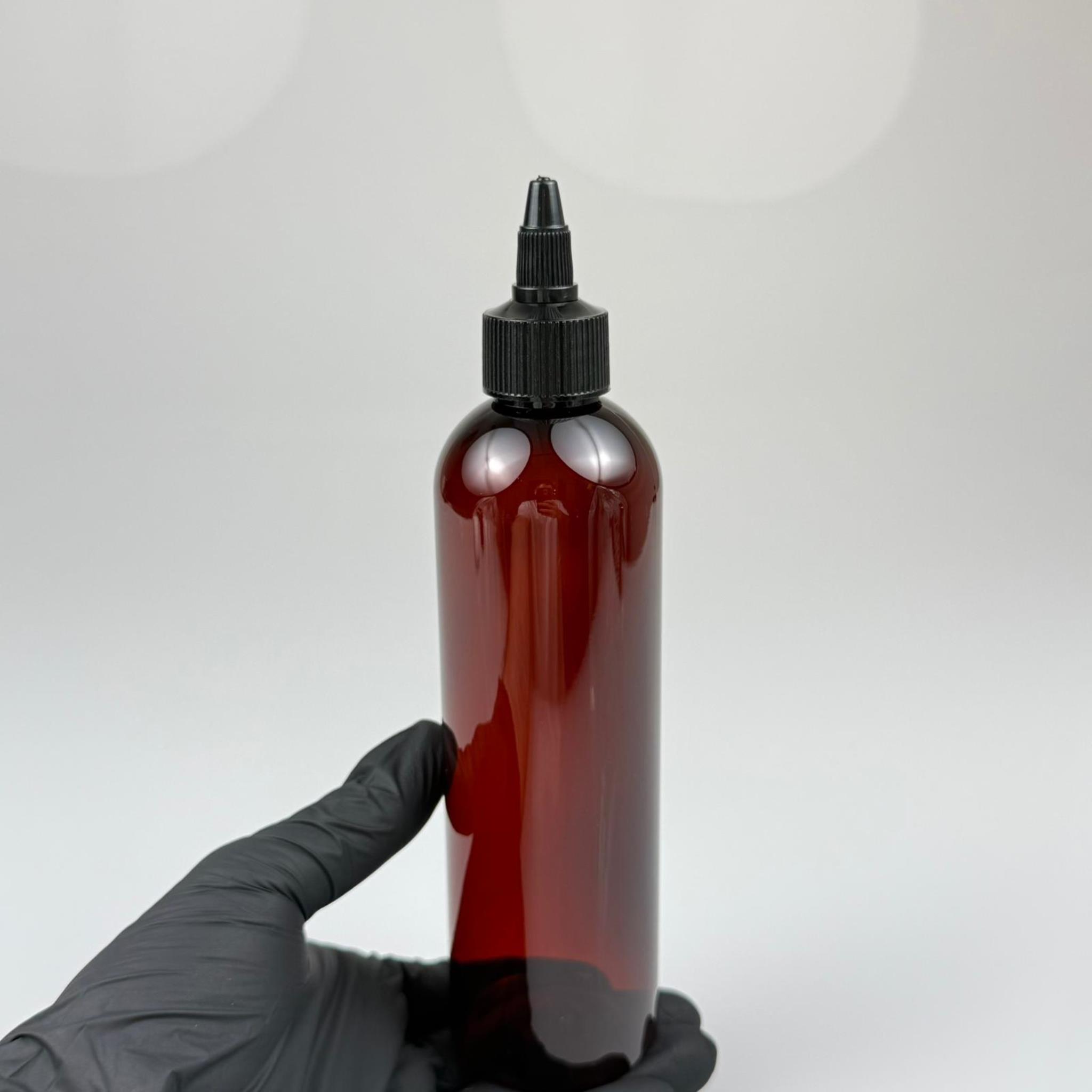 YAĞ, SOS, ACI SOS, SİRKE, SRIRACHA, MÜREKKEP, TUTKAL AKITICI VB BOŞ ŞİŞELERİ - SİYAH SİVRİ TWİST AKITICI KAPAK + 250 ML AMBER SİLİNDİR PET PLASTİK ŞİŞE TAKIM