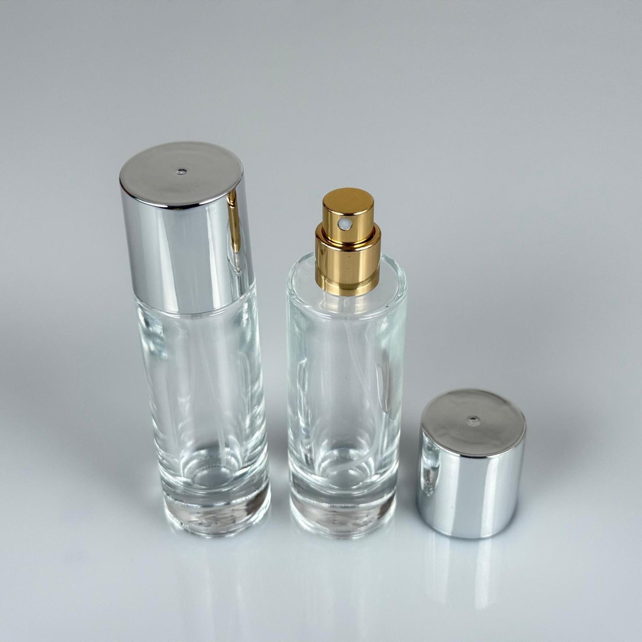30 ML SİLİNDİR UZUN MODEL PARFÜM ŞİŞESİ - GOLD METAL SPREYLİ + GÜMÜŞ GENİŞ KAPAKLI (AĞIZ 15 MM GEÇME KOLAY KAPAMA)