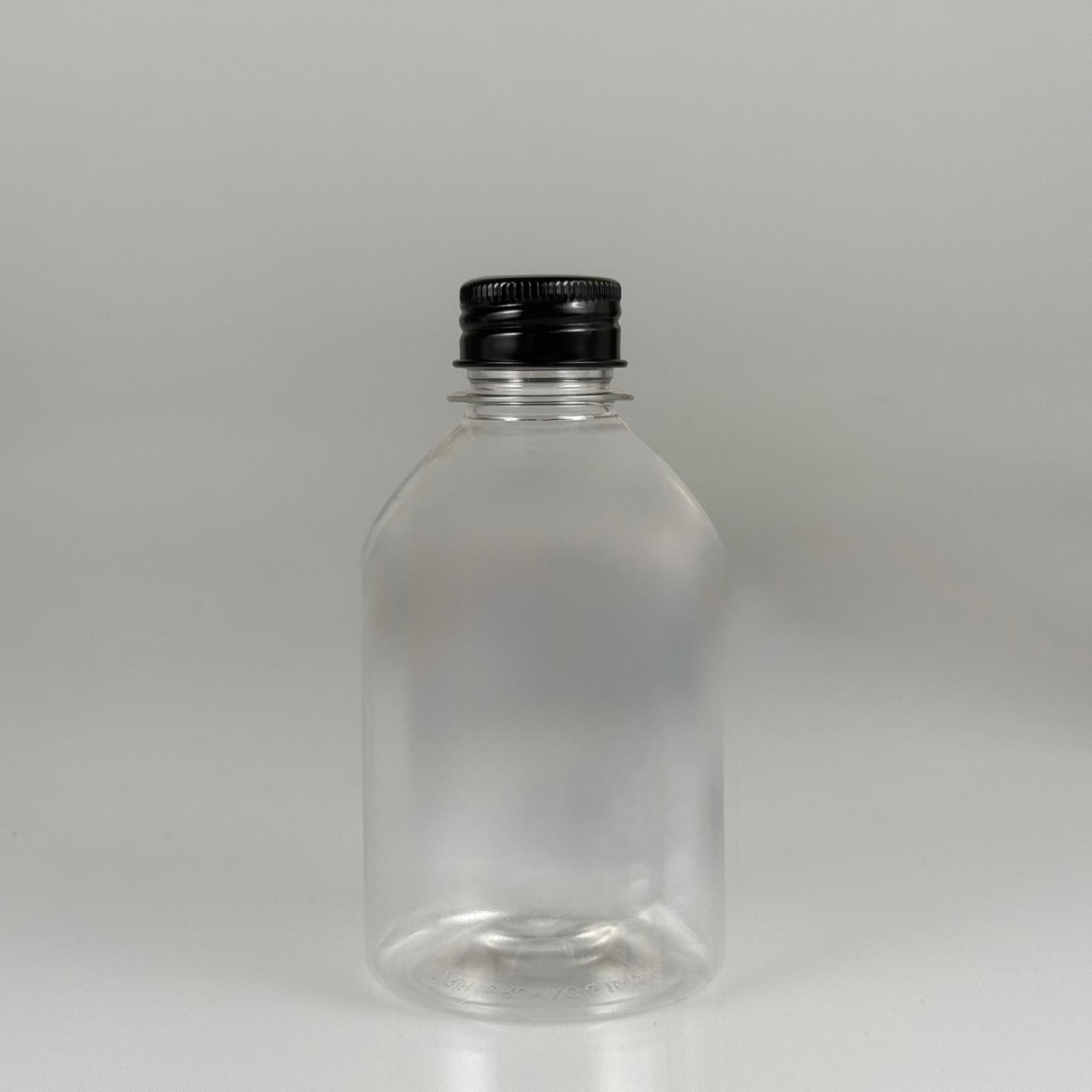 250 CC TOMBUL MODEL ŞEFFAF PET ŞİŞE + SİYAH ALÜMİNYUM METAL KAPAKLI - 250 ML OVAL BOYUNLU PLASTİK ŞİŞE