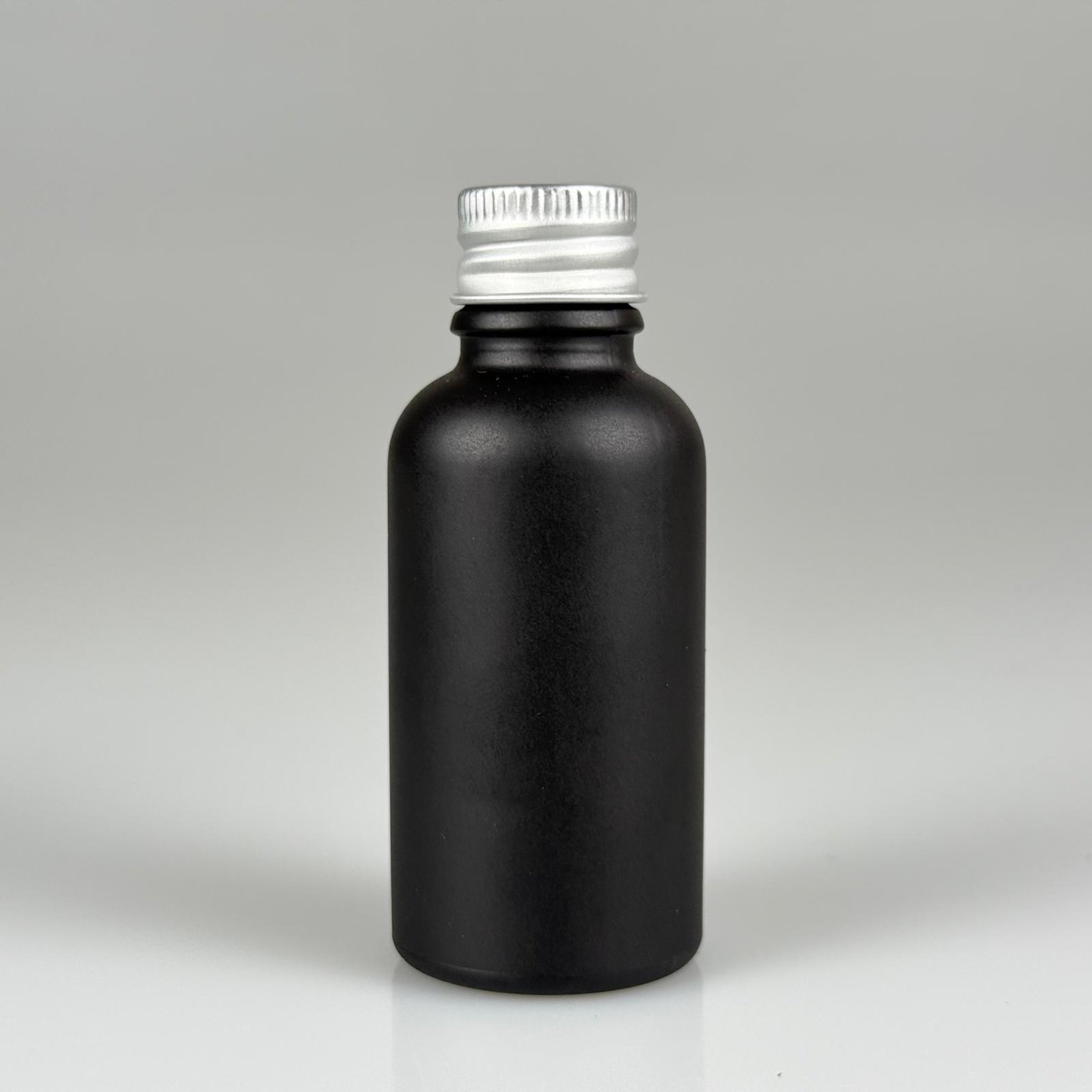30 CC MAT SİYAH CAM ŞİŞE + KÖPÜK CONTALI GÜMÜŞ ALÜMİNYUM METAL KAPAKLI TAKIM - 30 ML MAT SİYAH CAM ŞİŞE