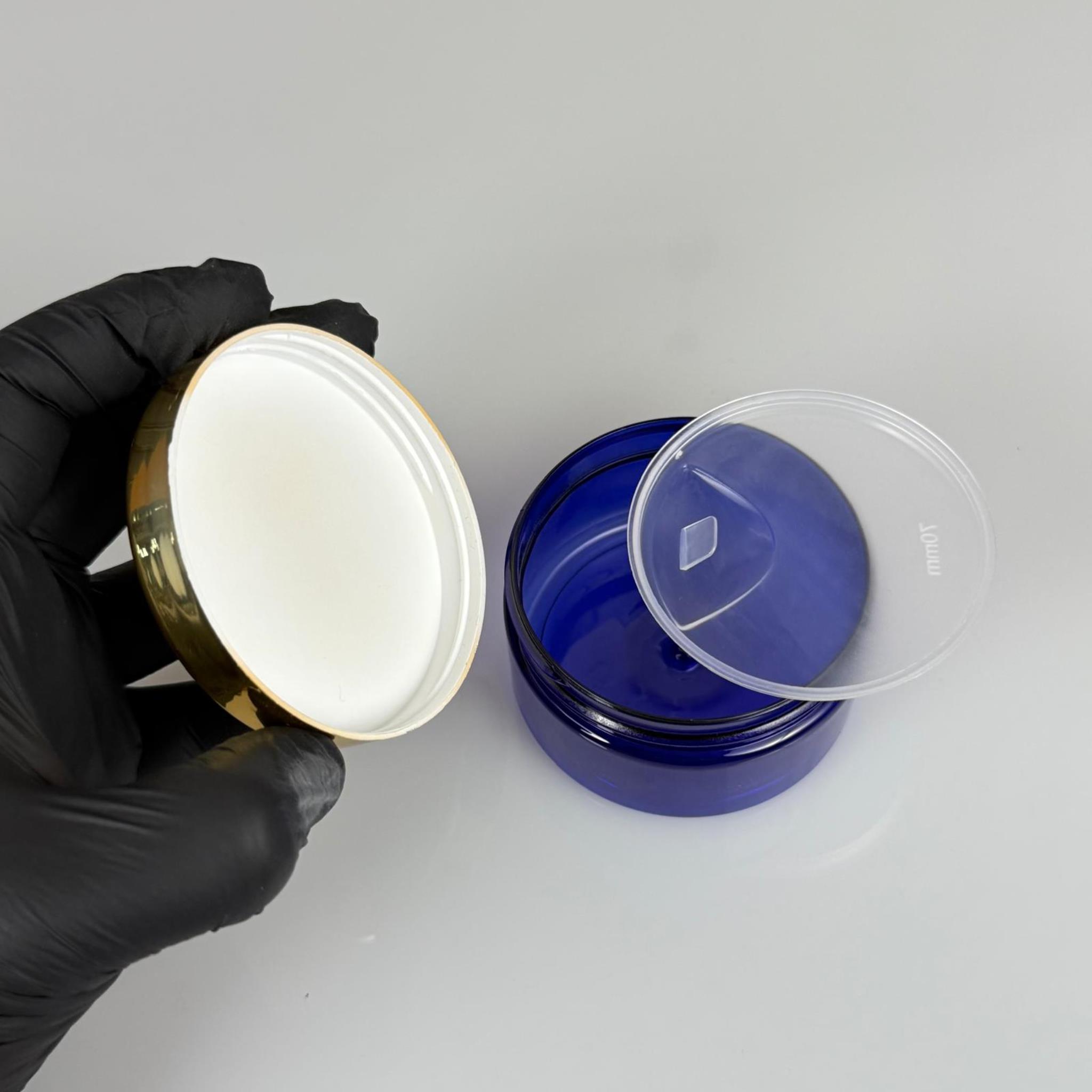 100 ML SERT PET KAVANOZ + GOLD KAPLAMALI PLASTİK KAPAK + İÇ TIPA - 100 CC KALIN MAVİ PLASTİK KAVANOZ GOLD KAPLAMALI PLASTİK KAPAKLI İÇ TIPALI TAKIM - KREM KAVANOZLARI