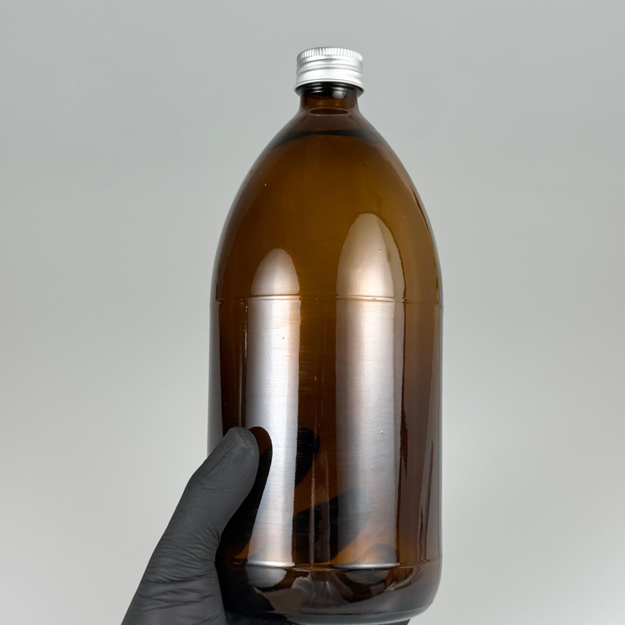1000 CC AMBER TOMBUL ÖZEL SERİ CAM ŞİŞE - METAL ALÜMİNYUM GÜMÜŞ KÖPÜK CONTALI KAPAKLI - 1000 ML CAM ECZA ŞİŞESİ - KAHVERENGİ