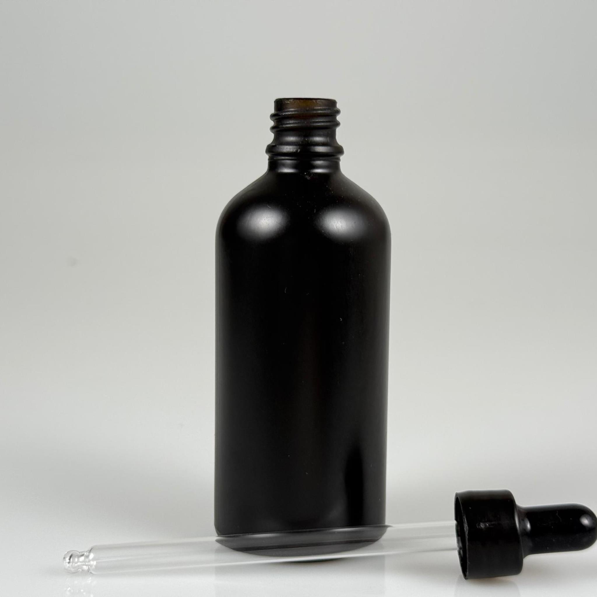 100 CC MAT SİYAH CAM DAMLALIKLI ŞİŞE - SİYAH EMZİK + SİYAH DÜZ KAPAK + CAM PİPET TAKIM - 100 ML MAT SİYAH DAMLALIKLI ŞİŞE SETİ