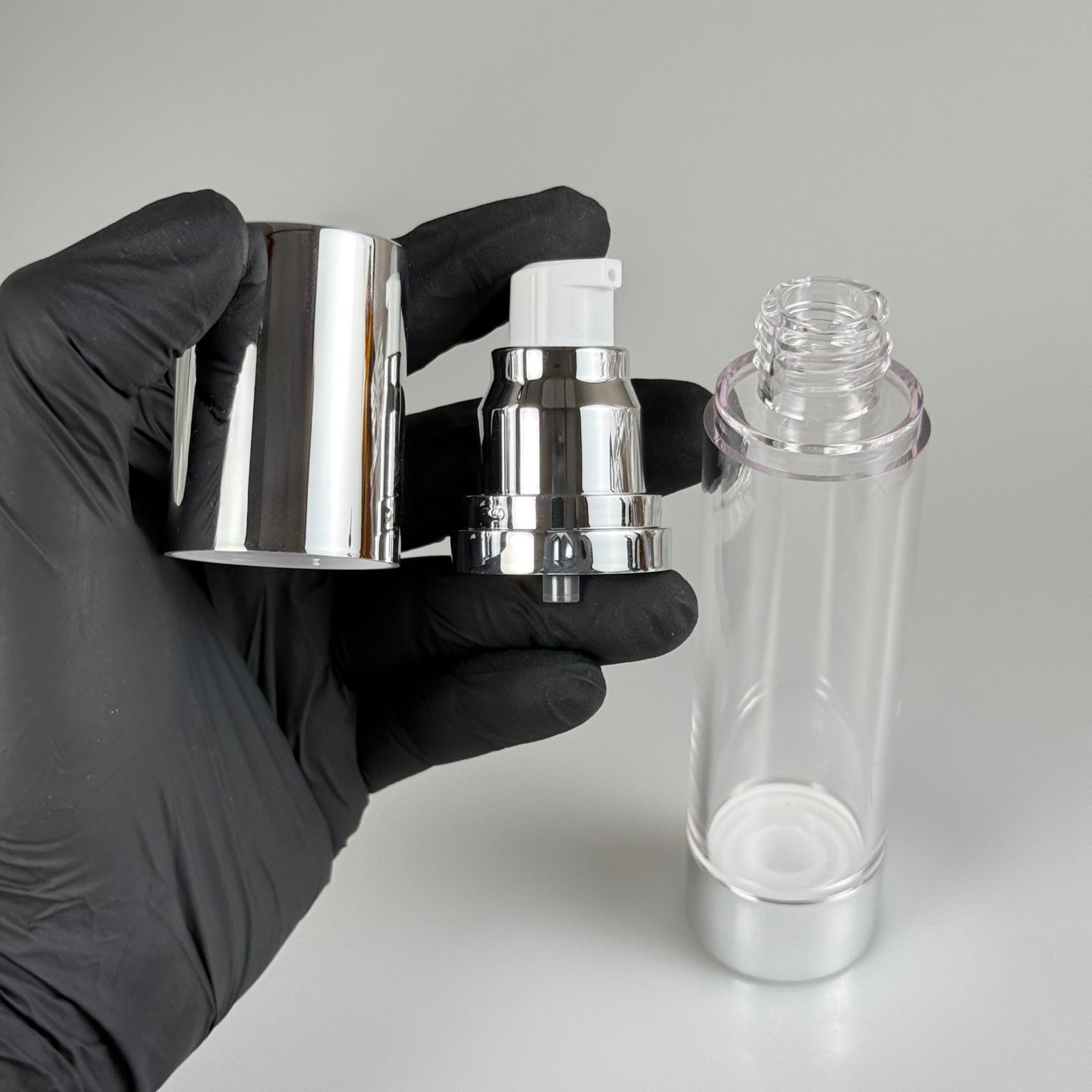 BOŞ KREM VE LOSYON ŞİŞESİ 50 ML BOŞ AİRLESS ŞİŞE - HAVASIZ POMPALI GÜMÜŞ ASANSÖR AİRLESS ŞİŞE