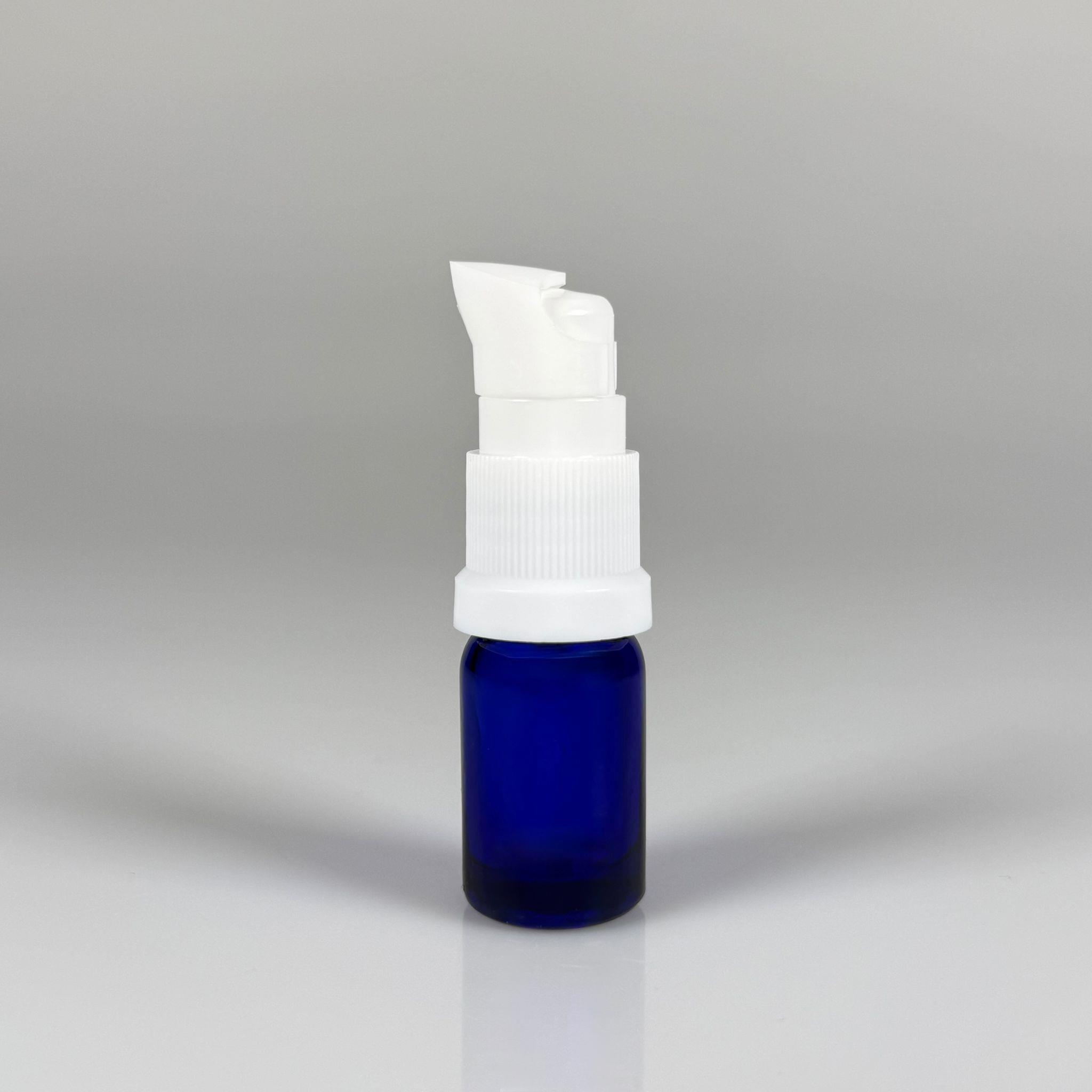 5 CC MAVİ CAM ŞİŞE - SIZDIRMAZ ETEKLİ BEYAZ LOSYON POMPALI TAKIM - 5 ML LOSYON ŞİŞESİ - YAĞ, KREM GİBİ YOĞUN KIVAMLI SIVILAR İÇİN CAM AMBALAJ