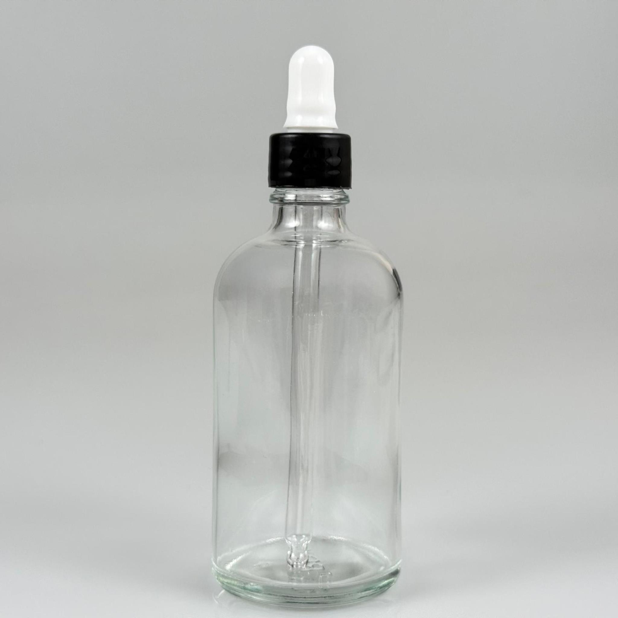 100 CC ŞEFFAF CAM DAMLALIKLI ŞİŞE - BEYAZ EMZİK + SİYAH DÜZ KAPAK + CAM PİPET TAKIM - 100 ML DAMLALIKLI ŞİŞE SETİ