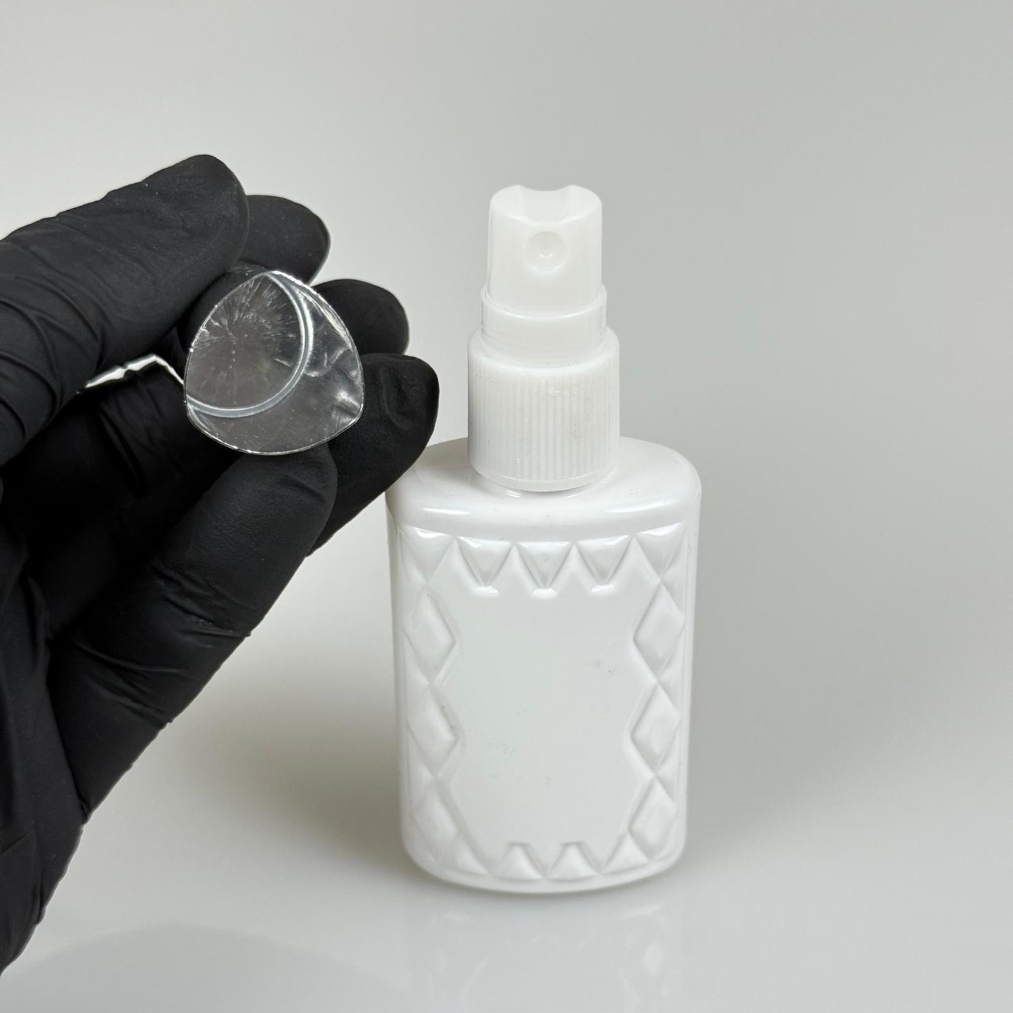 50 ML PET KOLONYA, PARFÜM VB ŞİŞELERİ - METAL ALÜMİNYUM GÜMÜŞ KAPAK + VİDALI SPREY + 50 CC KÖŞELİ BEYAZ ŞİŞE SET TAKIM