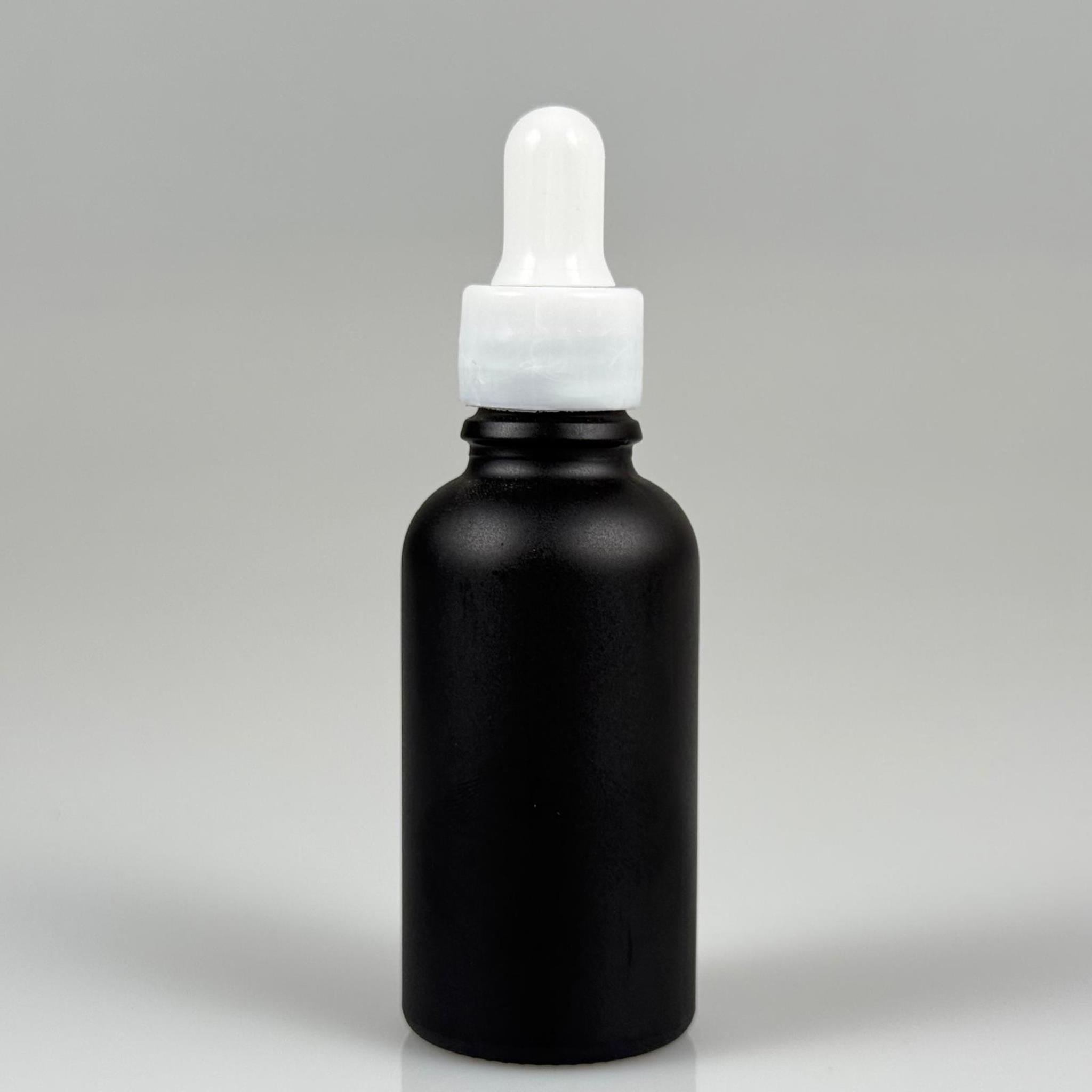 30 CC MAT SİYAH CAM DAMLALIKLI ŞİŞE - BEYAZ EMZİK + BEYAZ DÜZ KAPAK + CAM PİPET TAKIM - 30 ML MAT SİYAH DAMLALIKLI ŞİŞE SETİ