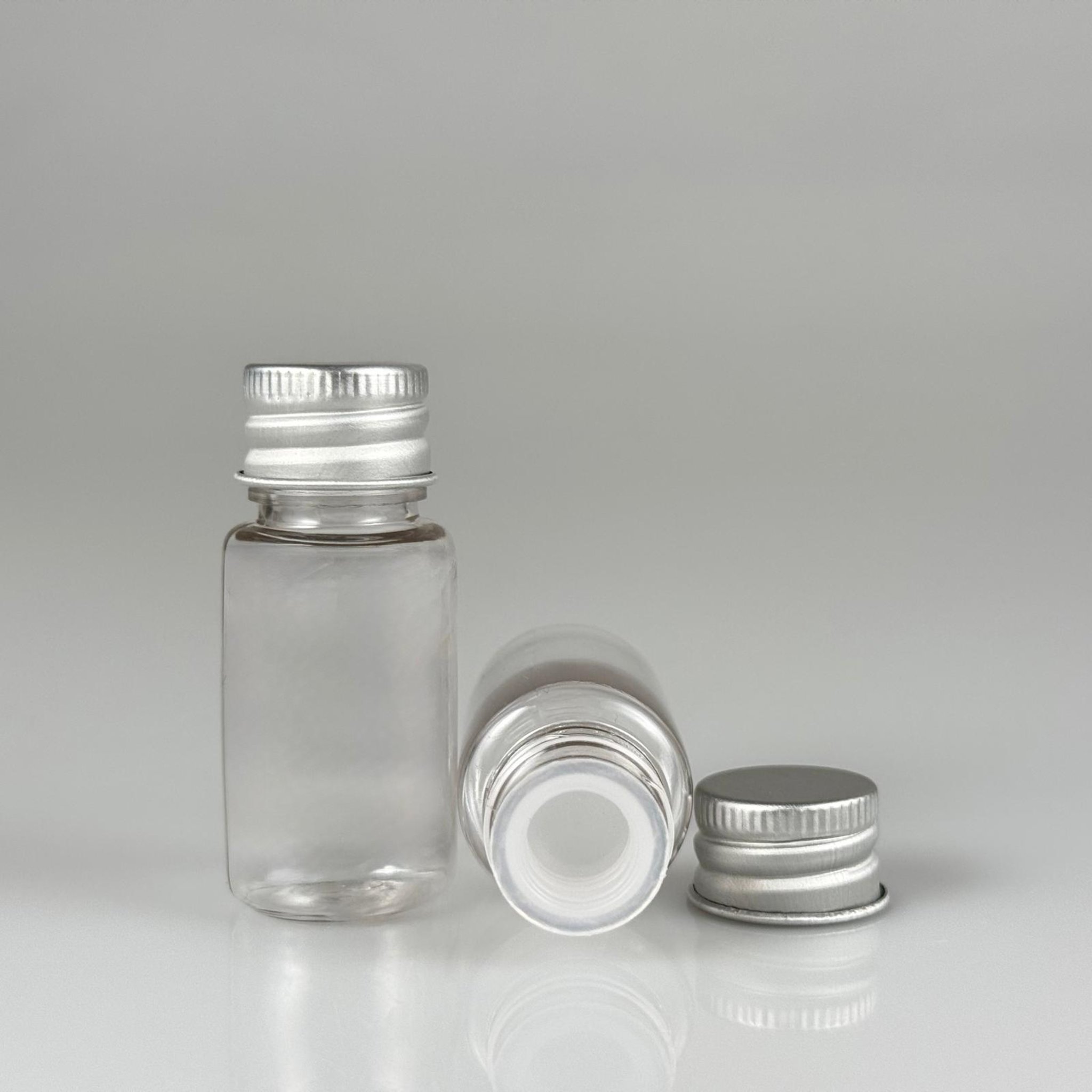 10 CC ŞEFFAF PET SHOT ŞİŞE - KÖPÜK CONTALI GÜMÜŞ ALÜMİNYUM METAL KAPAKLI + KÖR TIPALI TAKIM - 10 ML PLASTİK ŞİŞE