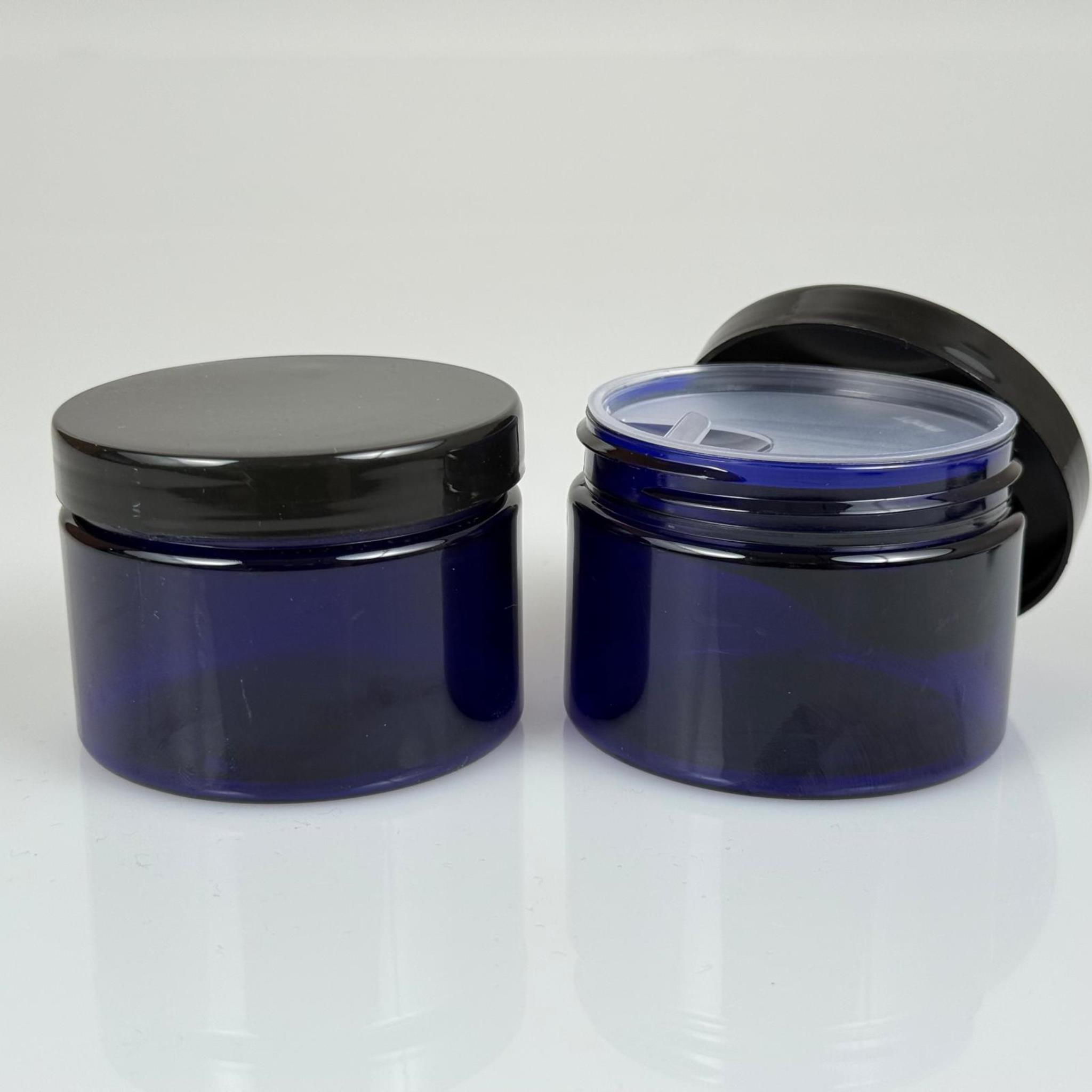 150 ML SERT PET KAVANOZ + SİYAH PLASTİK KAPAK + İÇ TIPA - 150 CC KALIN MAVİ PLASTİK KAVANOZ SİYAH PLASTİK KAPAKLI İÇ TIPALI TAKIM - KREM KAVANOZLARI